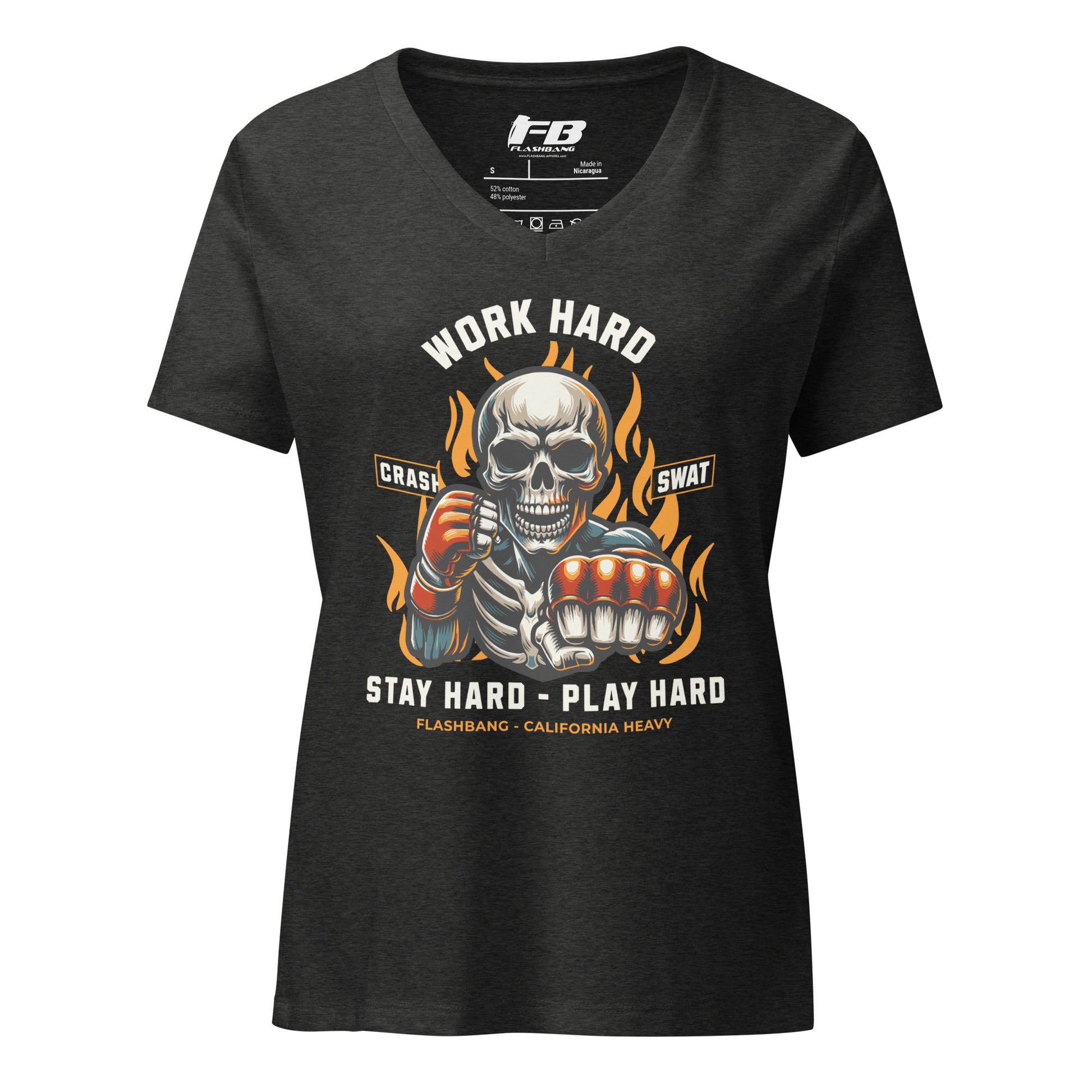 Black t-shirt with a graphic design featuring a skeleton and text on a white background