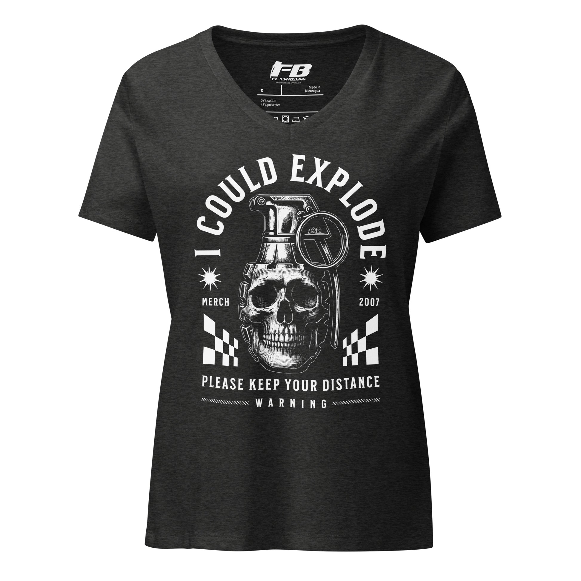 Black t-shirt with graphic design featuring a skull and grenade on a white background