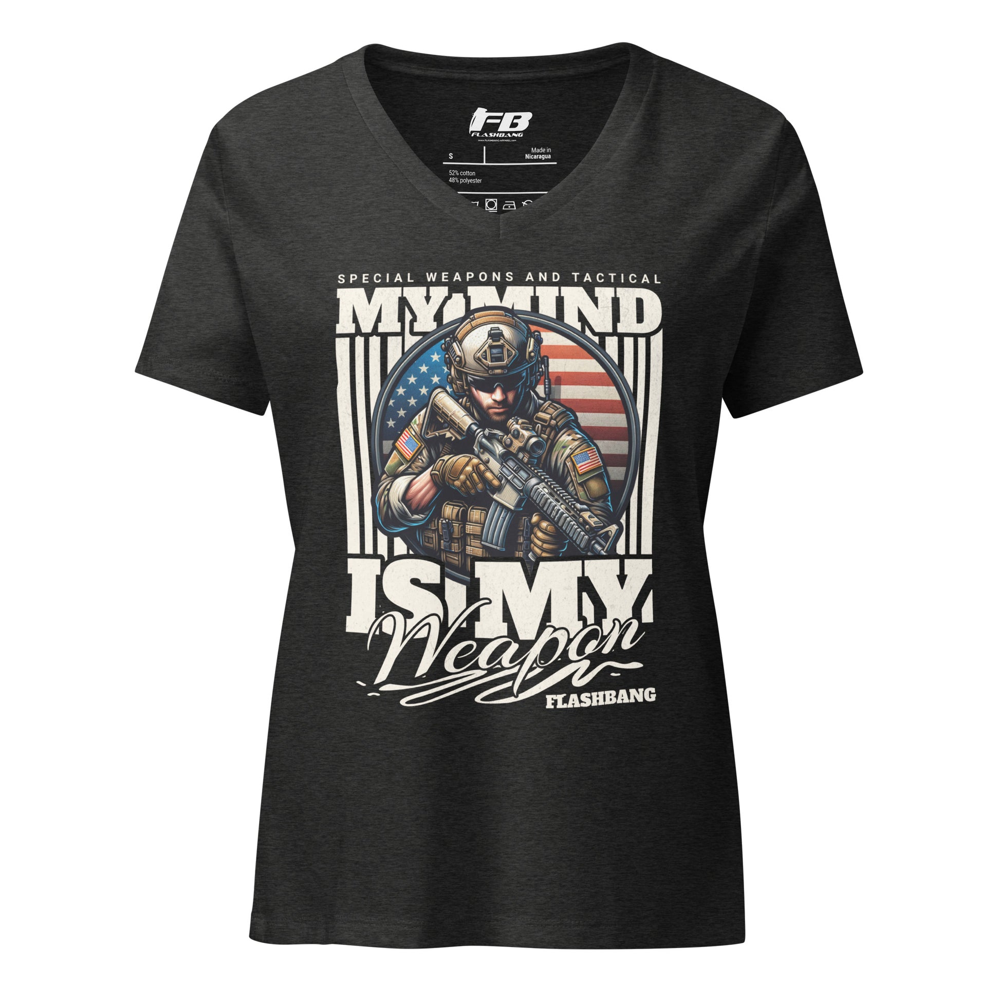 Black t-shirt with graphic design and text on a white background