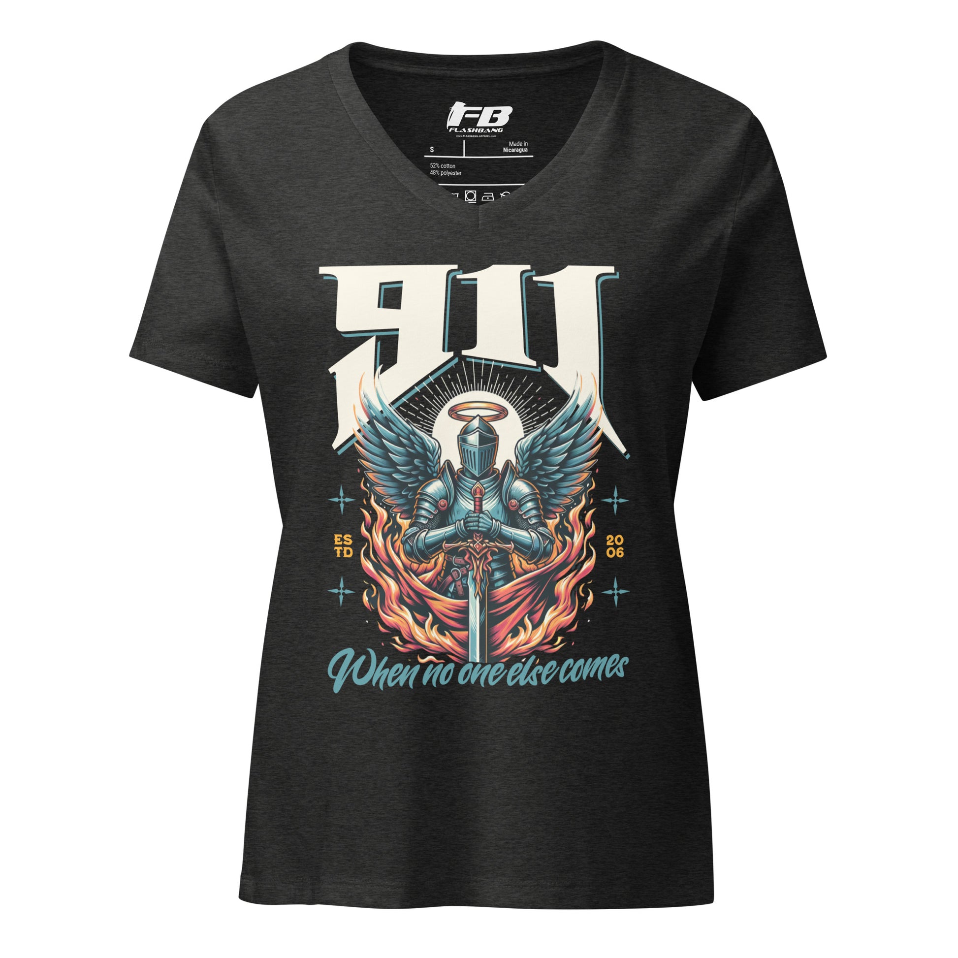 Black t-shirt with a graphic design of a knight and text on a white background
