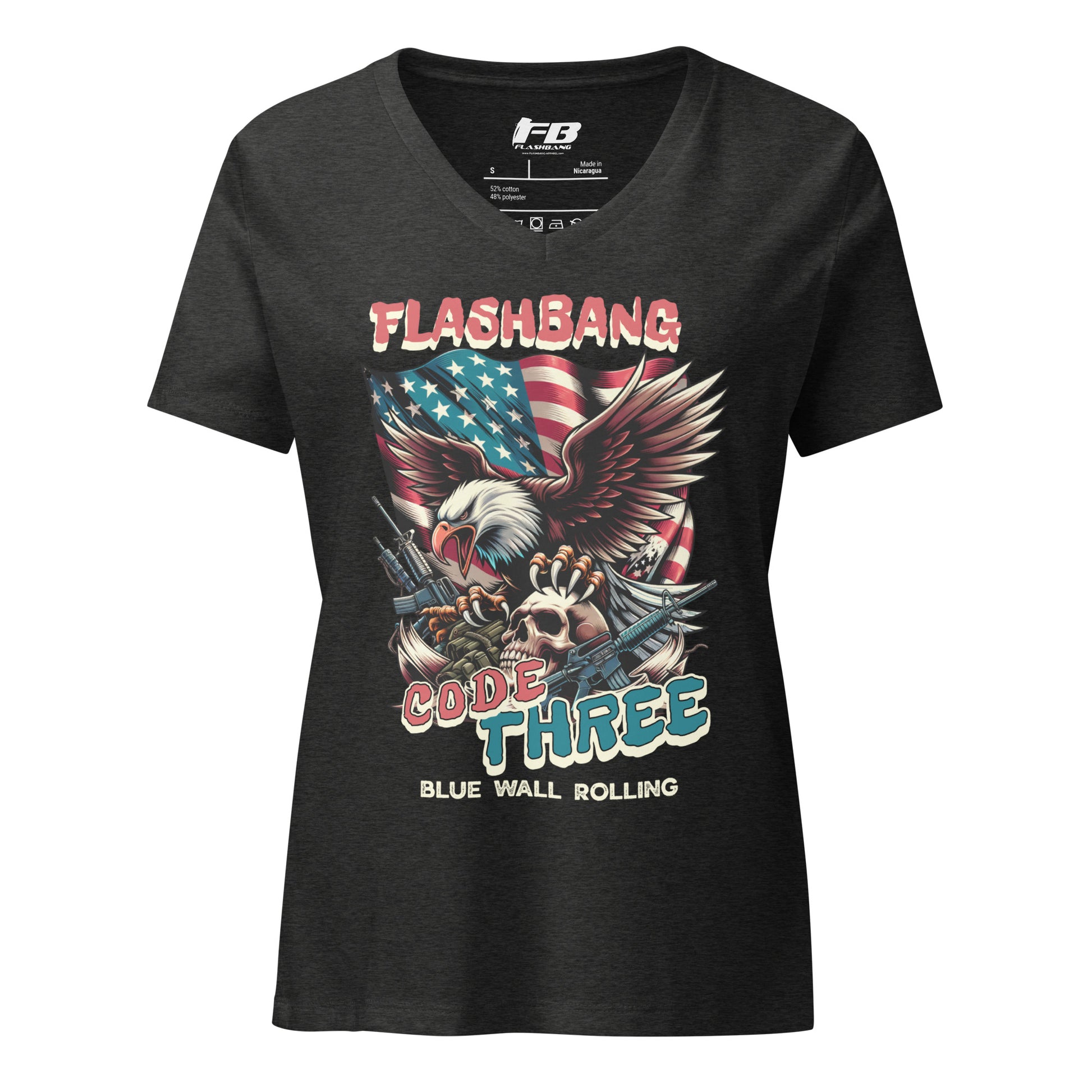Black t-shirt with 'Flashbang Code Three' graphic design featuring an eagle and American flag on a white background.
