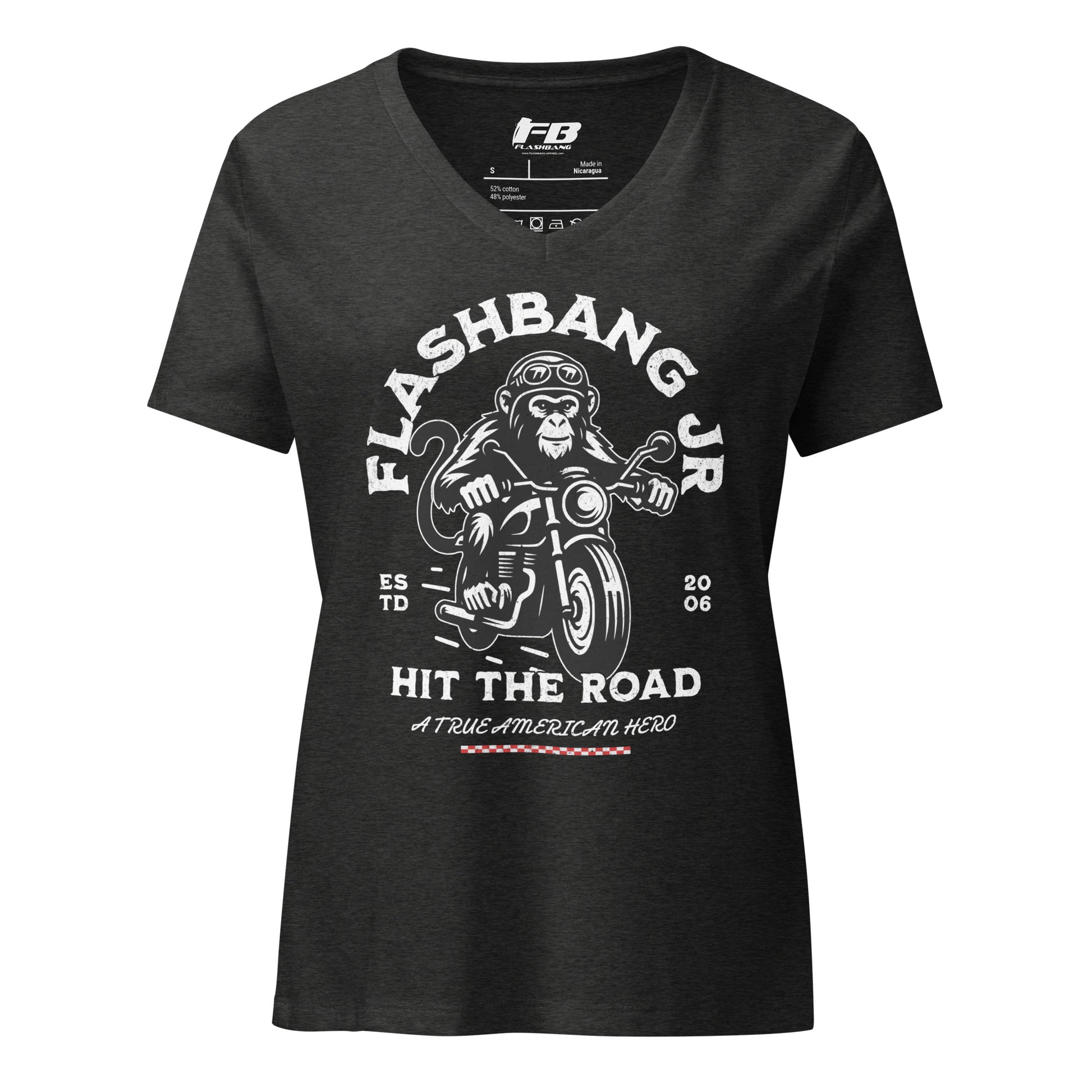 Black t-shirt with a graphic design of a monkey on a motorcycle and text 'Flashbang Jr Hit the Road' on a white background.