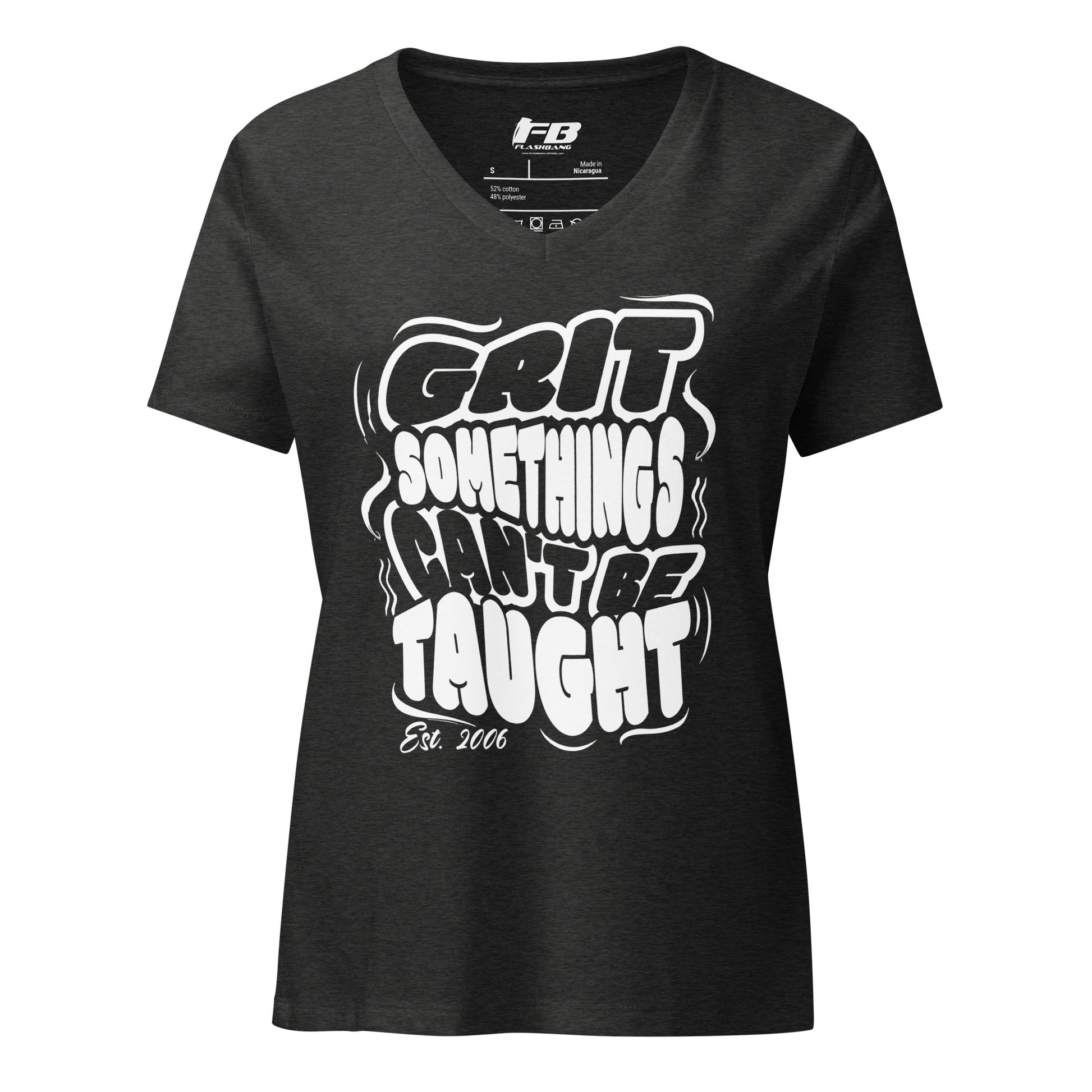 Black t-shirt with white text 'GRIT SOMETHINGS CAN'T BE TAUGHT' on a white background