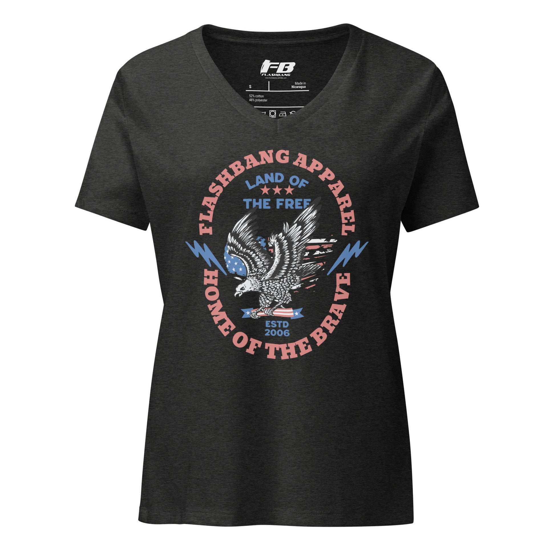 Black t-shirt with graphic design and 'Flashbang Apparel' branding on a white background