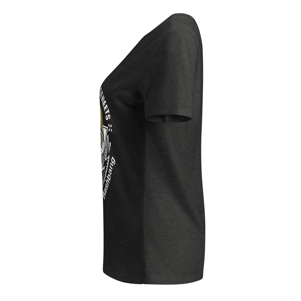 Black t-shirt with a graphic design on the sleeve against a white background