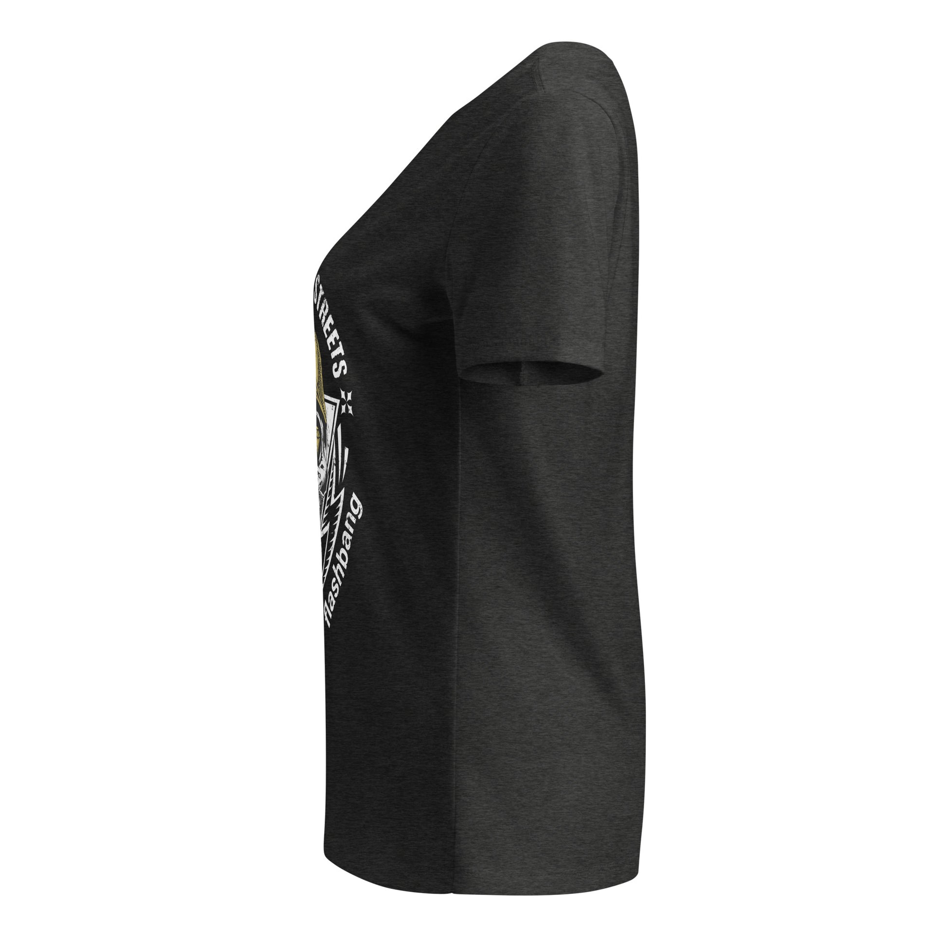 Black t-shirt with a graphic design on the sleeve against a white background