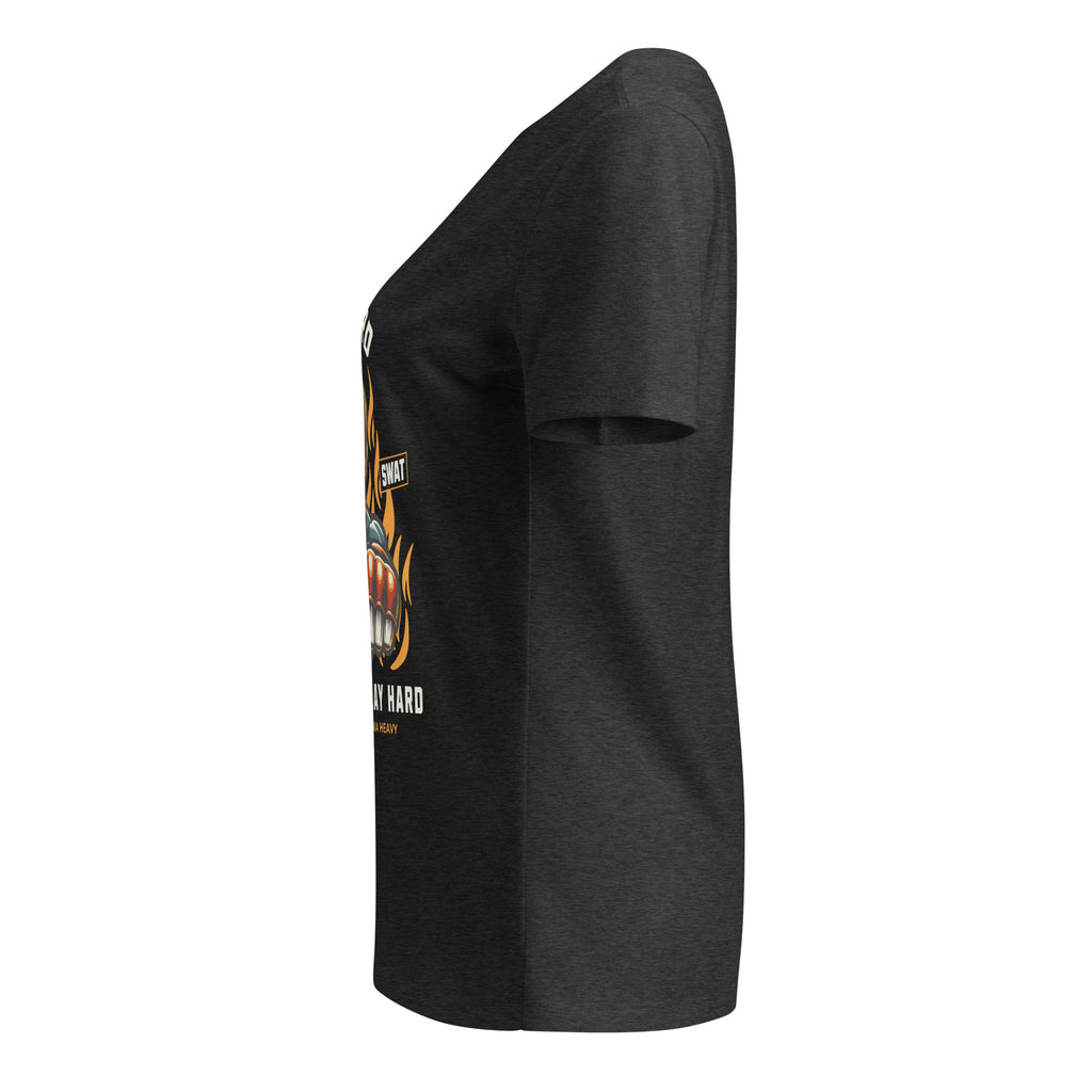 Black t-shirt with a graphic design on the sleeve against a white background