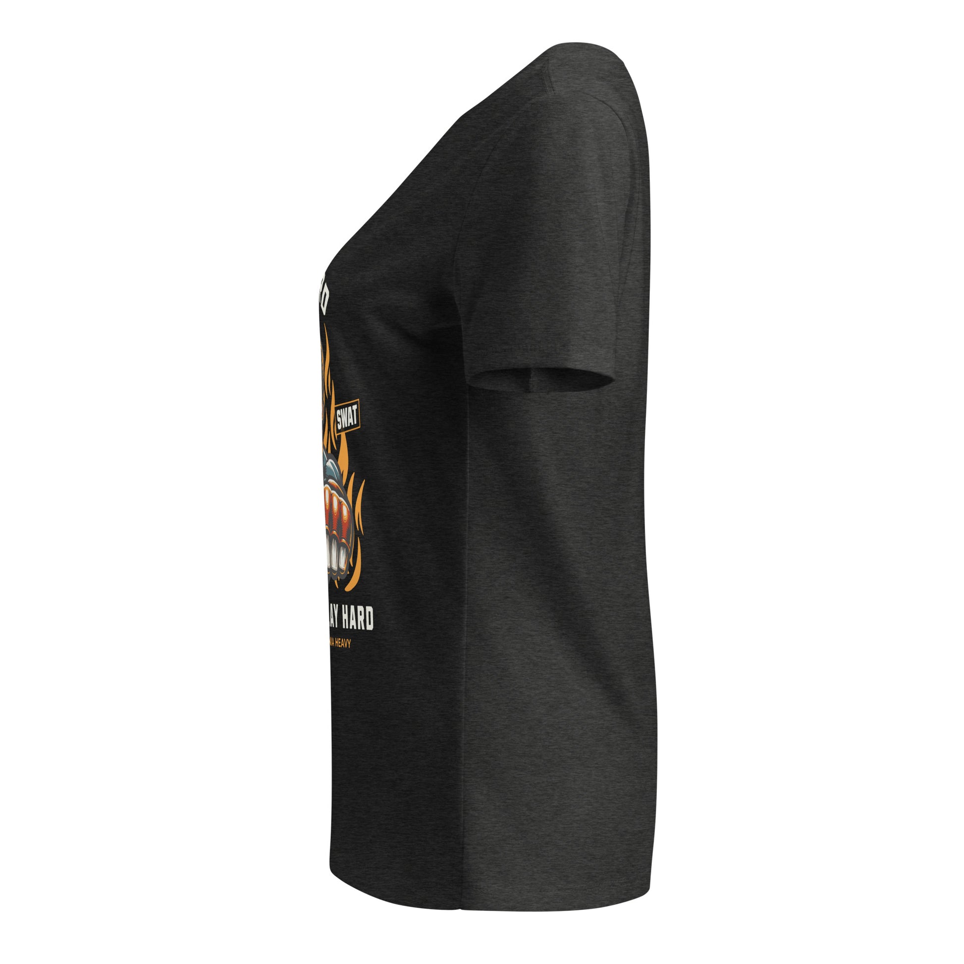 Black t-shirt with a graphic design on the sleeve against a white background