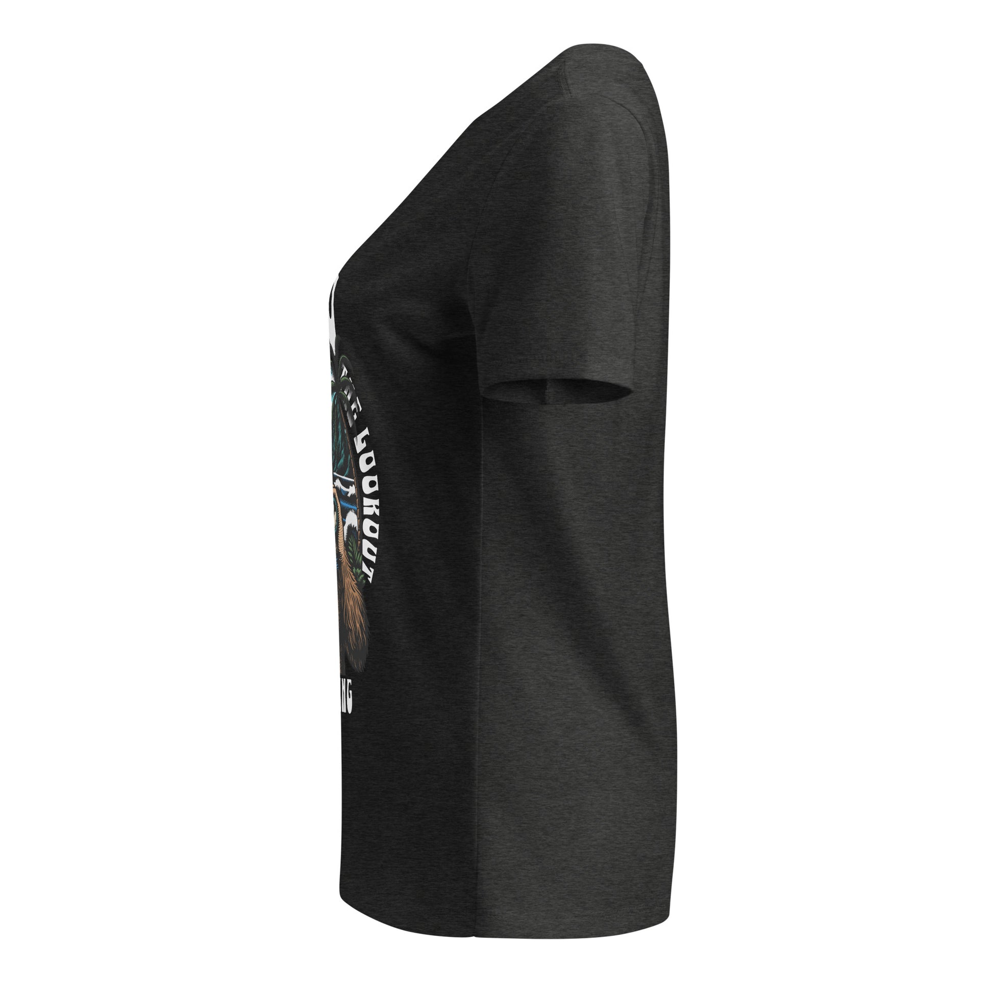 Black t-shirt with a graphic design on the sleeve against a white background