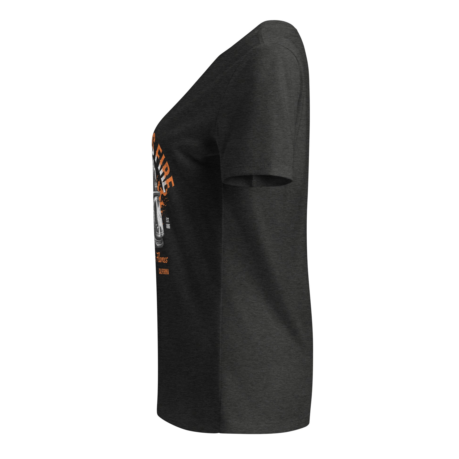 Black t-shirt with a graphic design on the sleeve against a white background