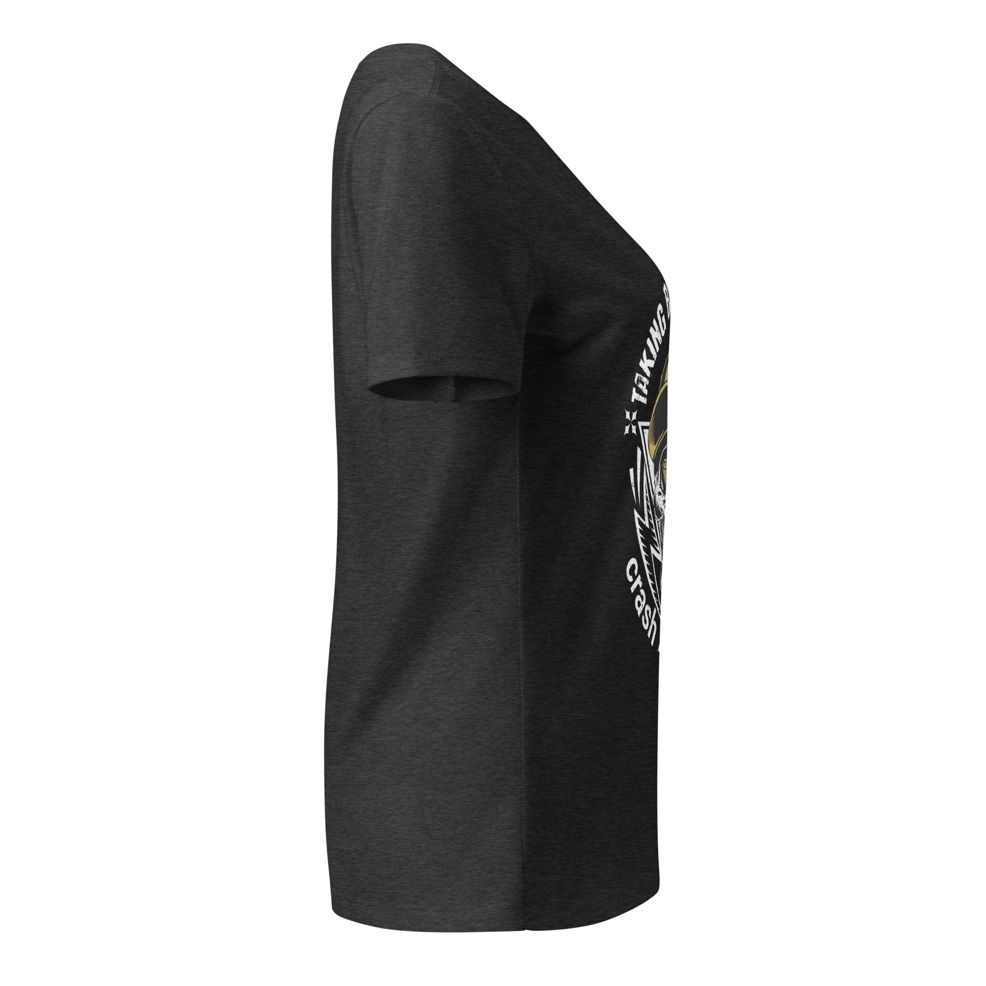 Black t-shirt with a logo on the sleeve against a white background