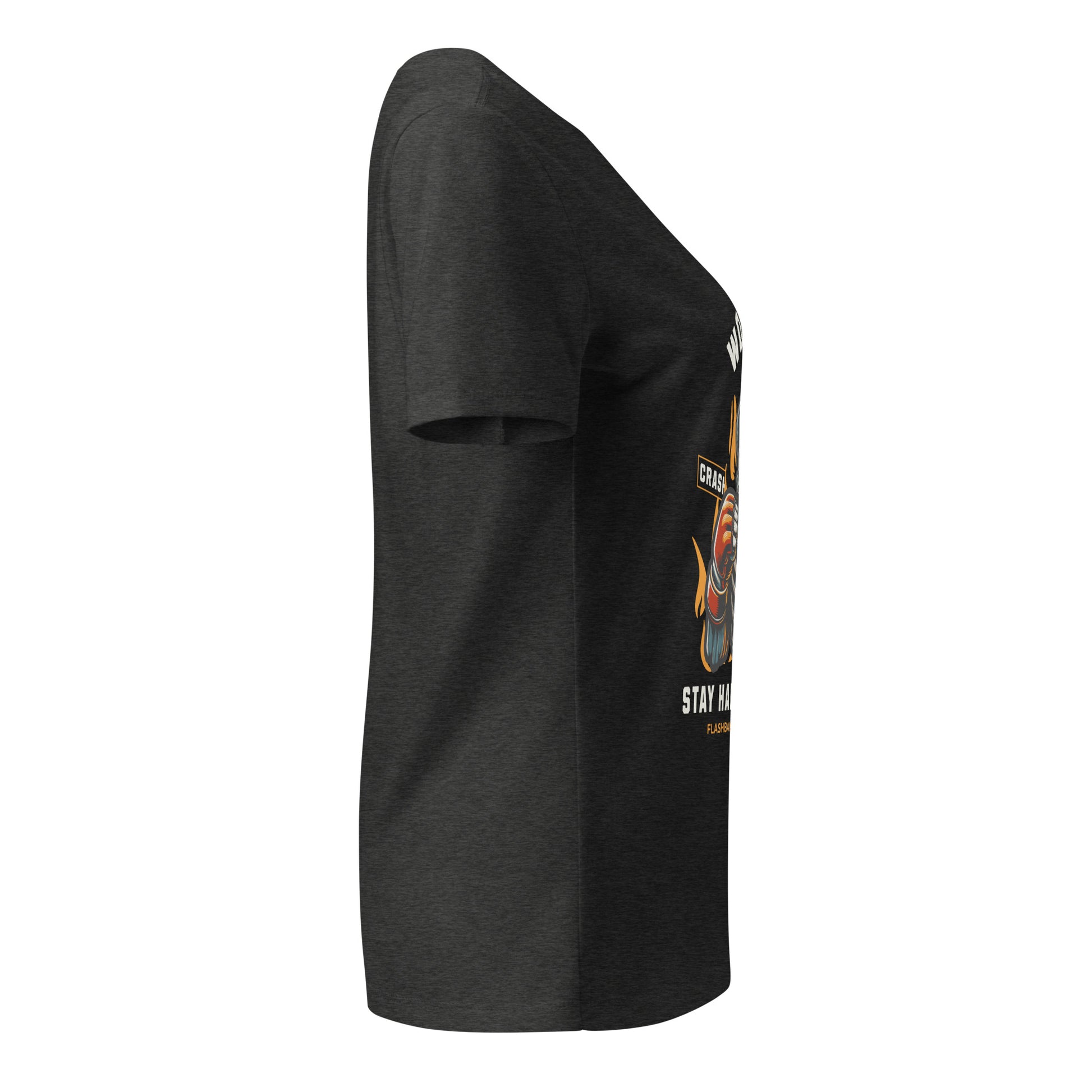 Black t-shirt with graphic design on a white background