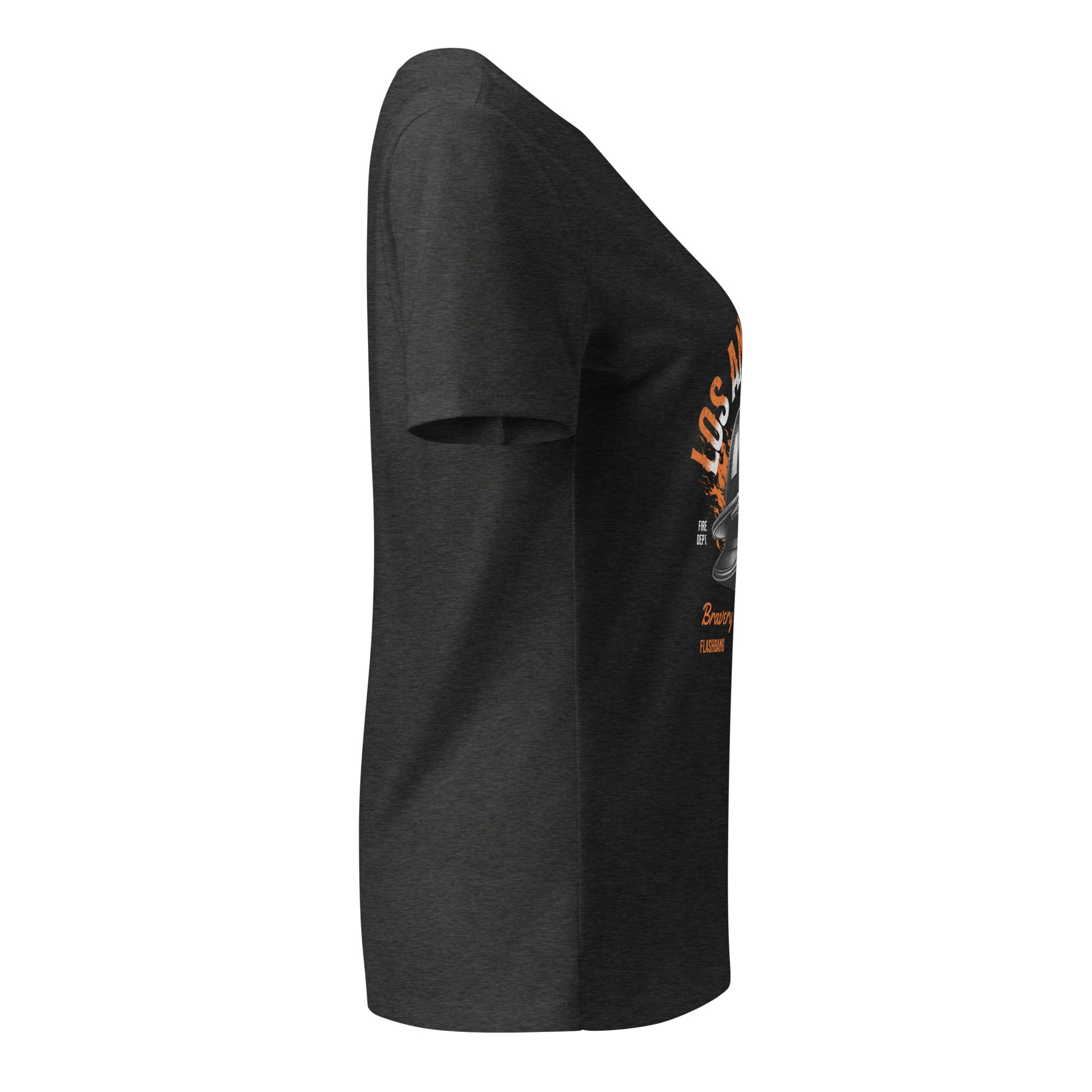 Black t-shirt with a graphic design on the sleeve against a white background