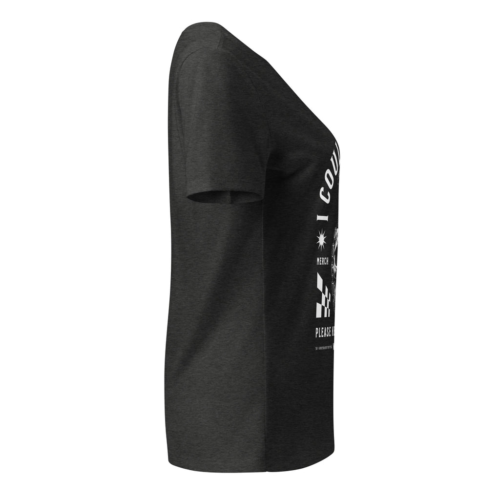 Black t-shirt with white text and graphics on a white background