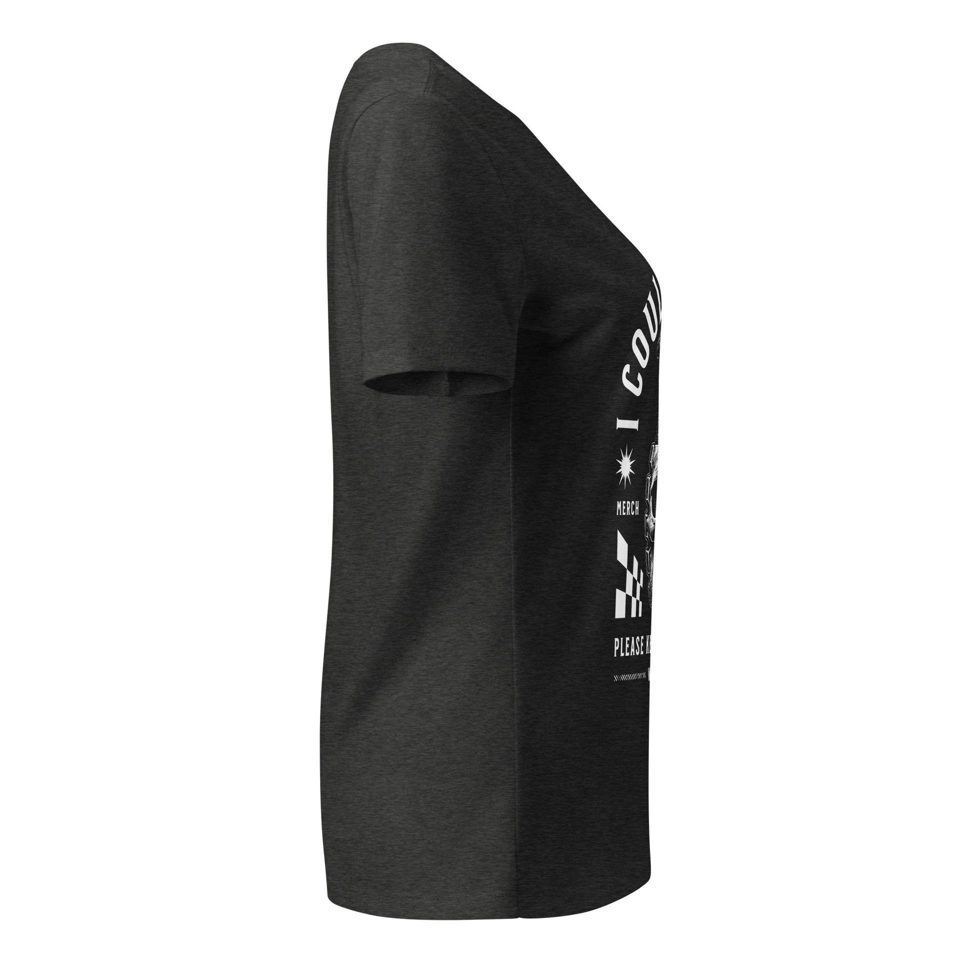 Black t-shirt with white text and graphics on a white background