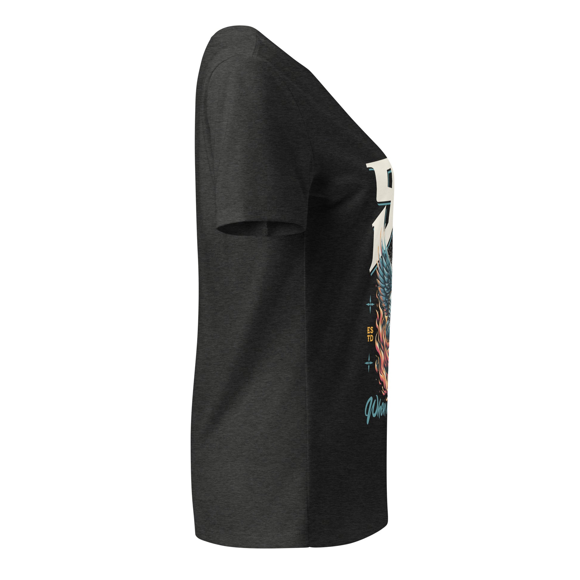 Black t-shirt with a colorful graphic on the sleeve against a white background