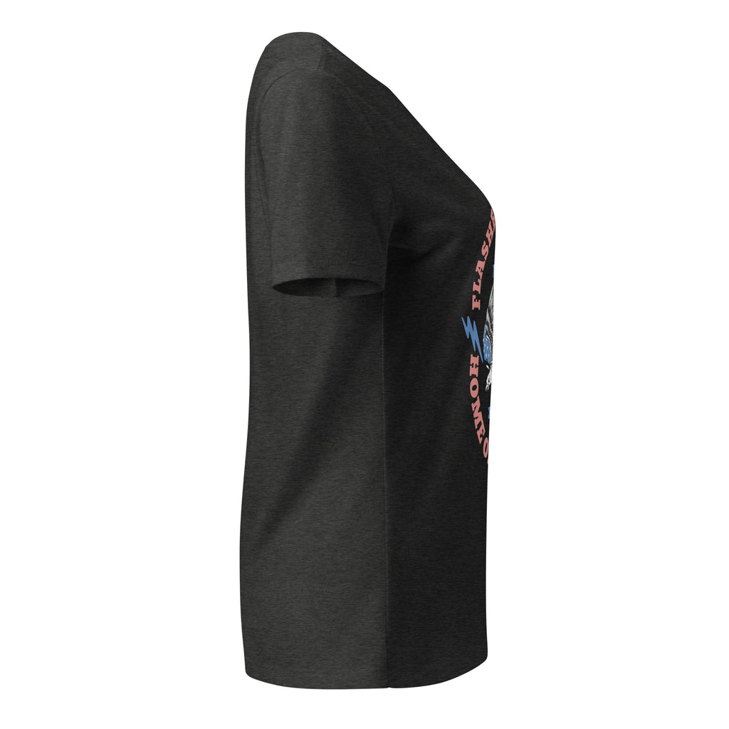 Black t-shirt with colorful text on the sleeve against a white background