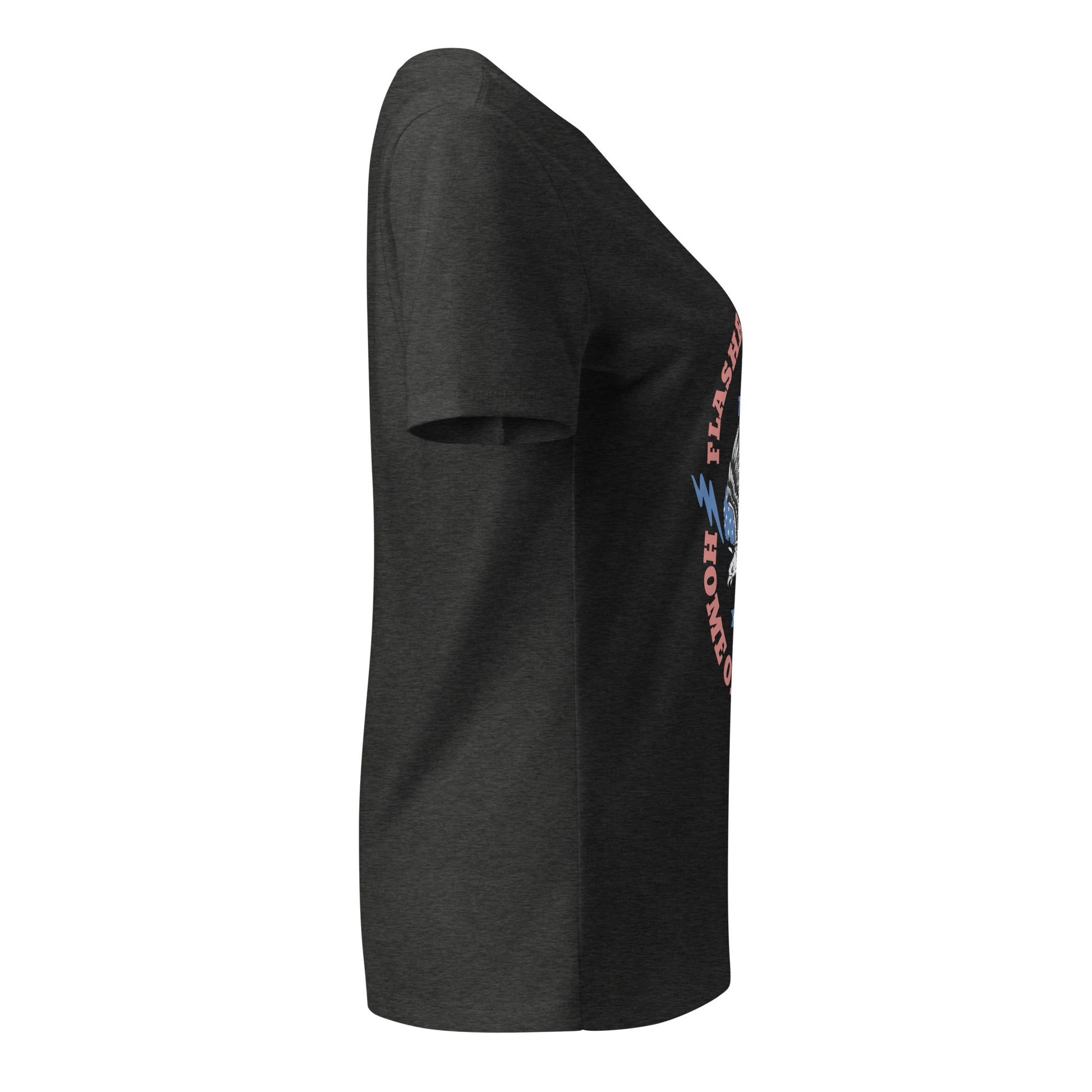 Black t-shirt with colorful text on the sleeve against a white background