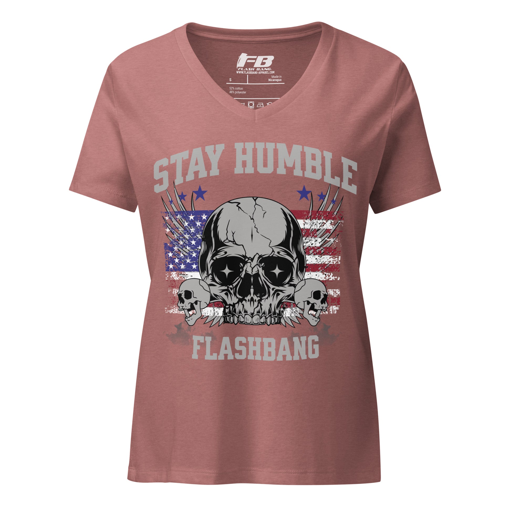 Red t-shirt with skull graphic and 'Stay Humble Flashbang' text on a white background