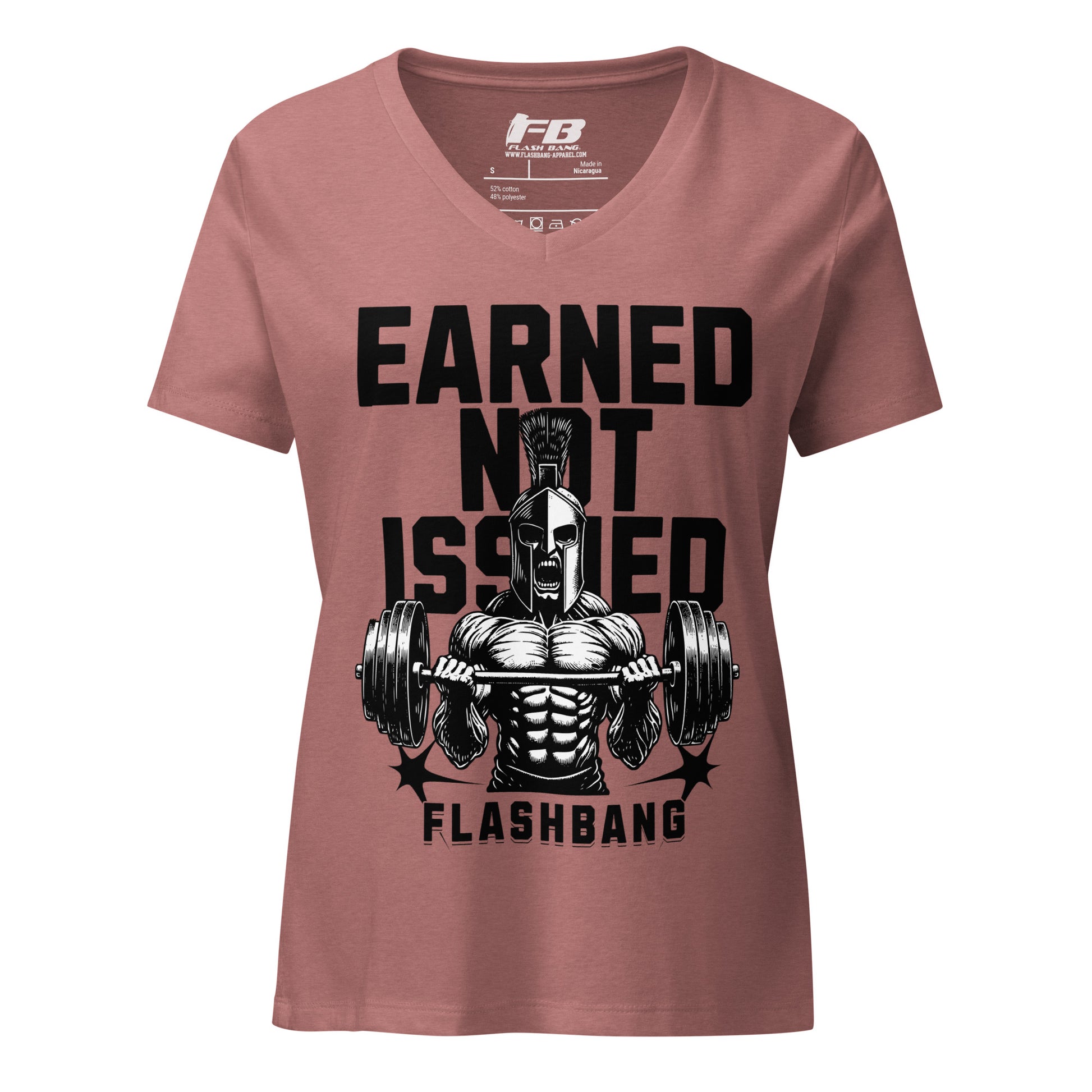Pink t-shirt with graphic design and text 'Earned Not Issued' on a white background