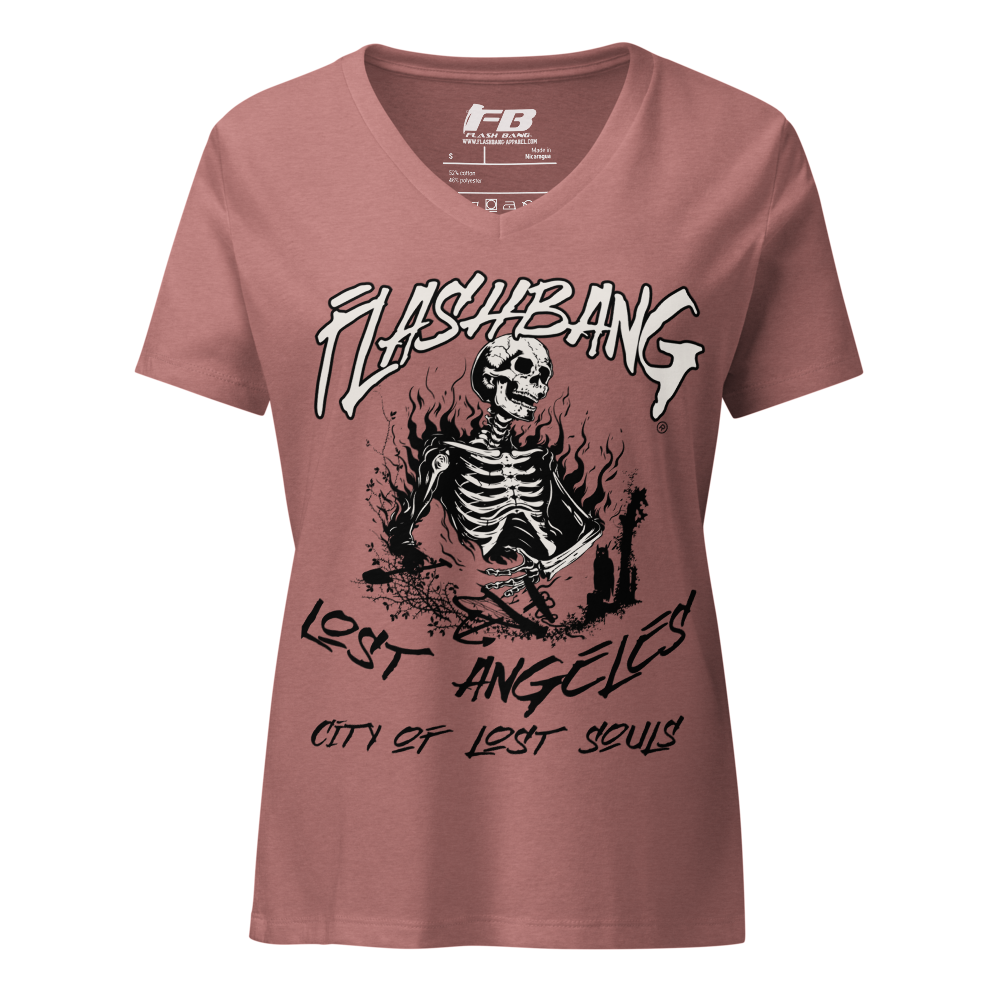 Maroon t-shirt with skeleton graphic and 'Flashbang Lost Angeles' text on a white background