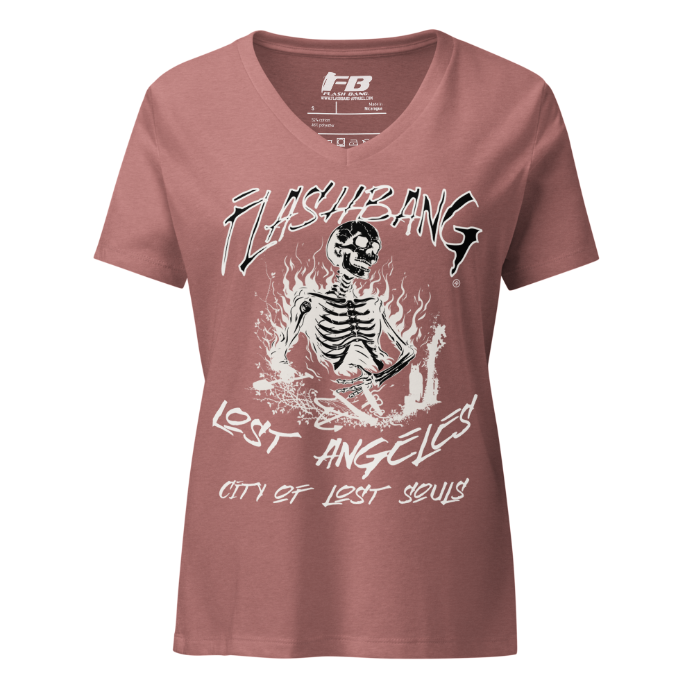 Maroon t-shirt with skeleton graphic and text on a white background