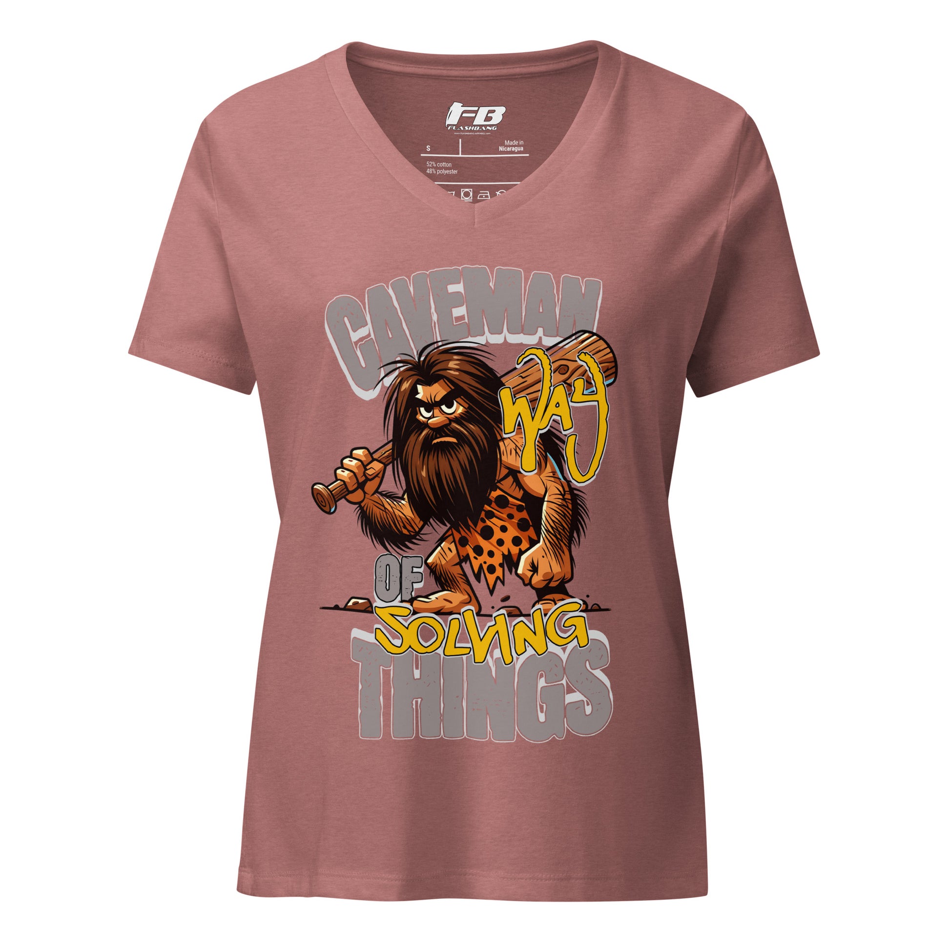 Pink t-shirt with a caveman graphic and text on a white background