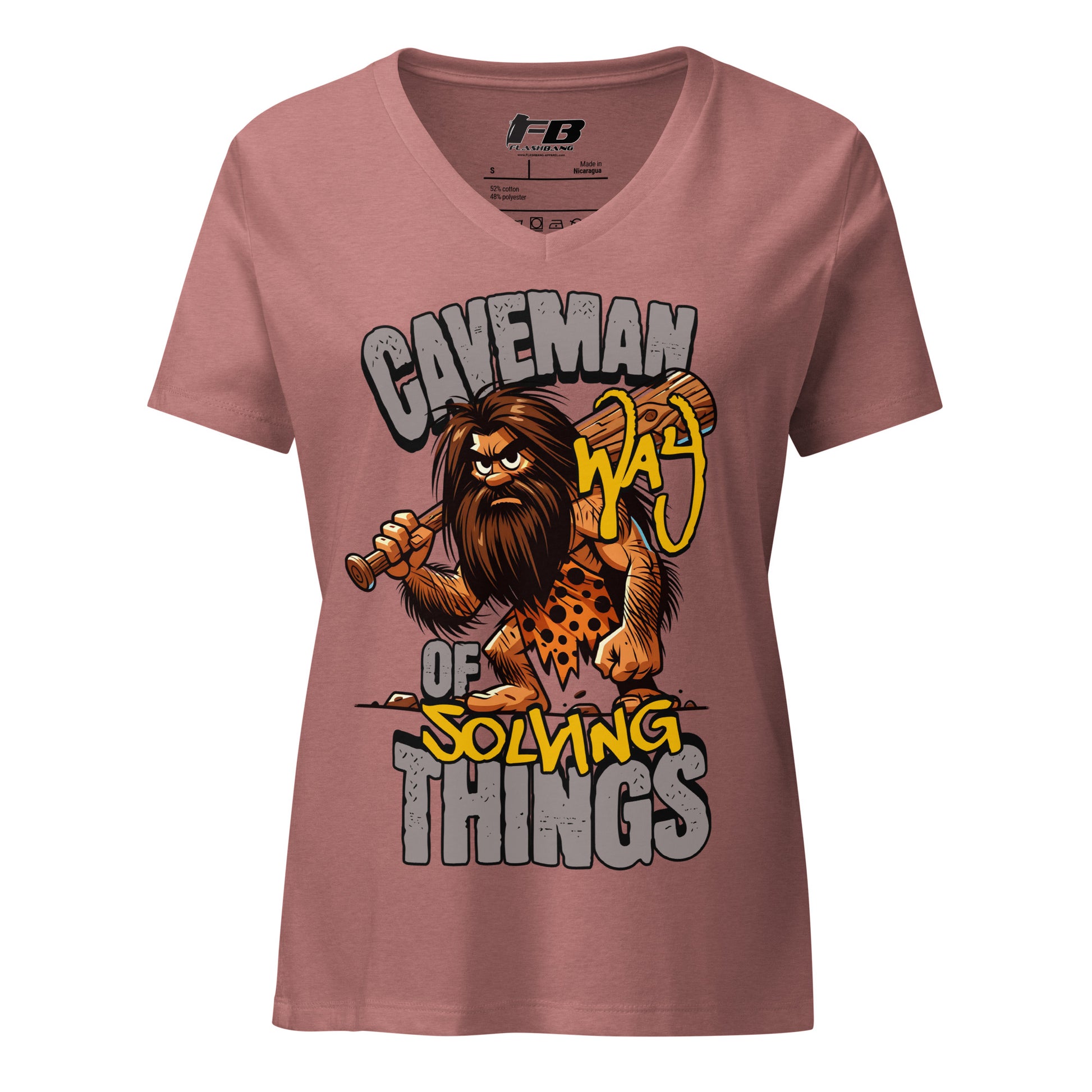Pink t-shirt with a caveman graphic and text on a white background