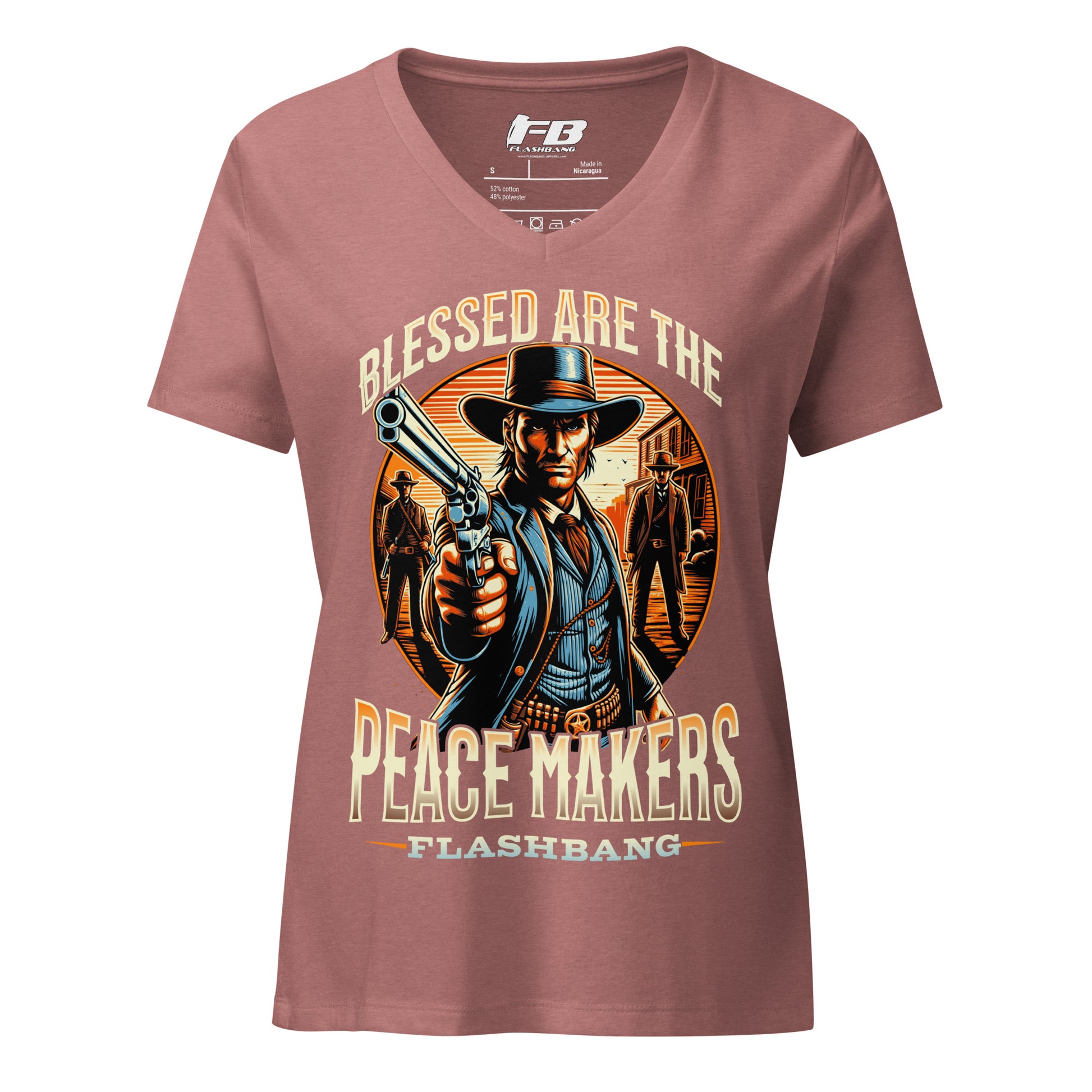 Maroon t-shirt with a graphic of a cowboy holding a gun and text 'Blessed are the Peace Makers' on a white background.