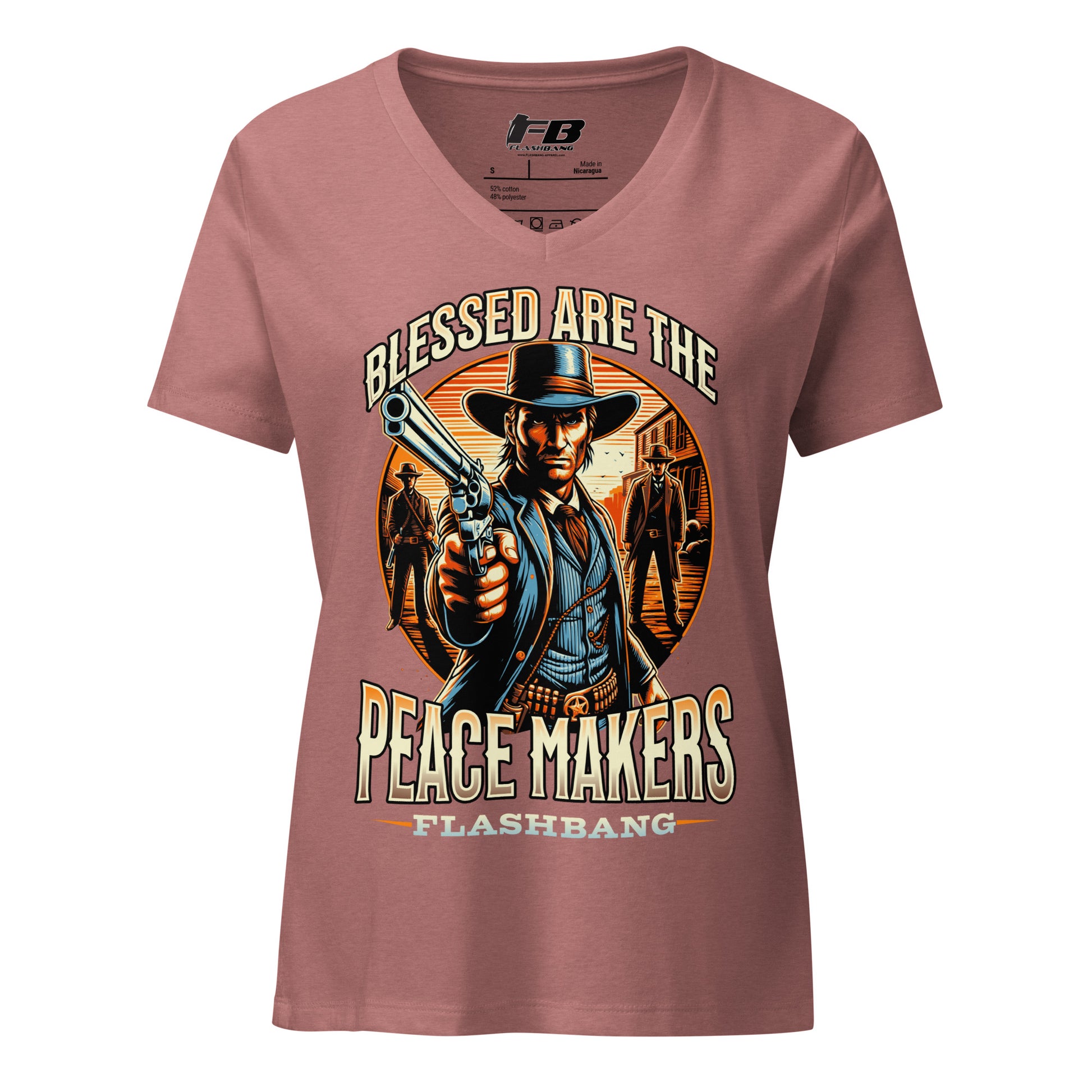 Pink t-shirt with a graphic design of a cowboy holding a gun and text 'Blessed are the Peace Makers Flashbang' on a white background.