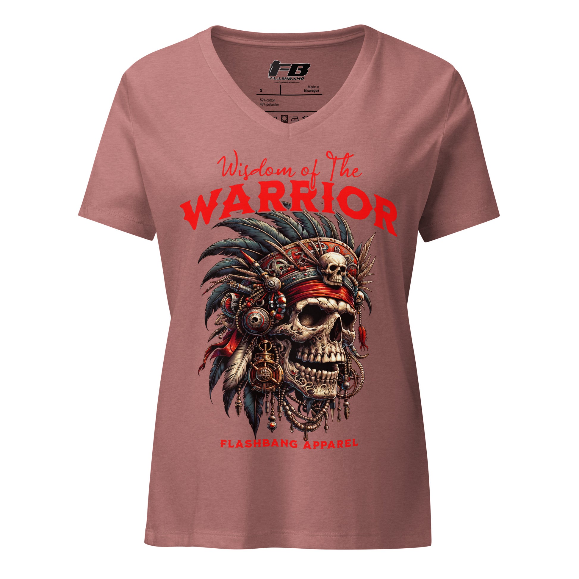 Pink t-shirt with warrior skull design and 'Wisdom of the Warrior' text on a white background