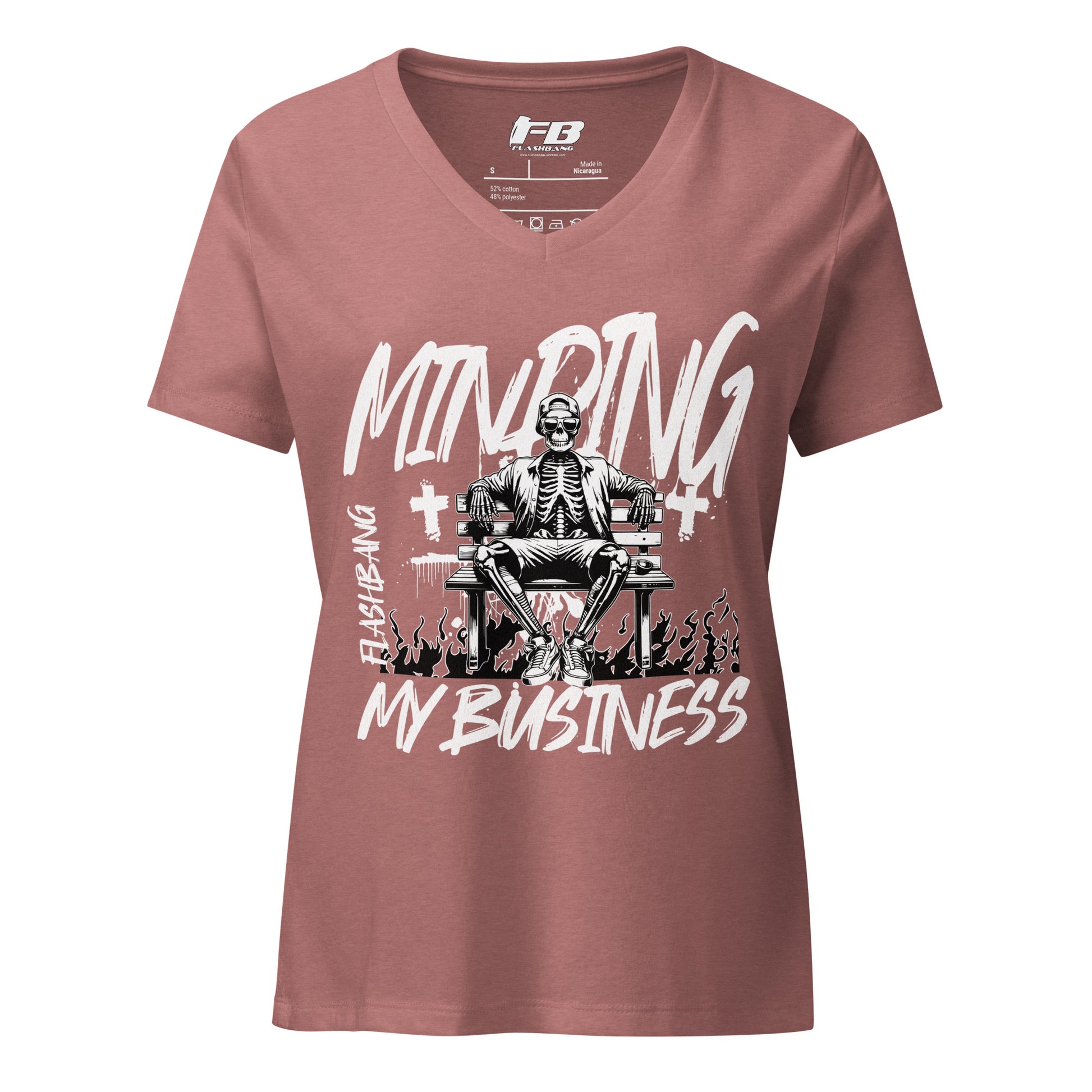 Maroon t-shirt with graphic design and text on a white background