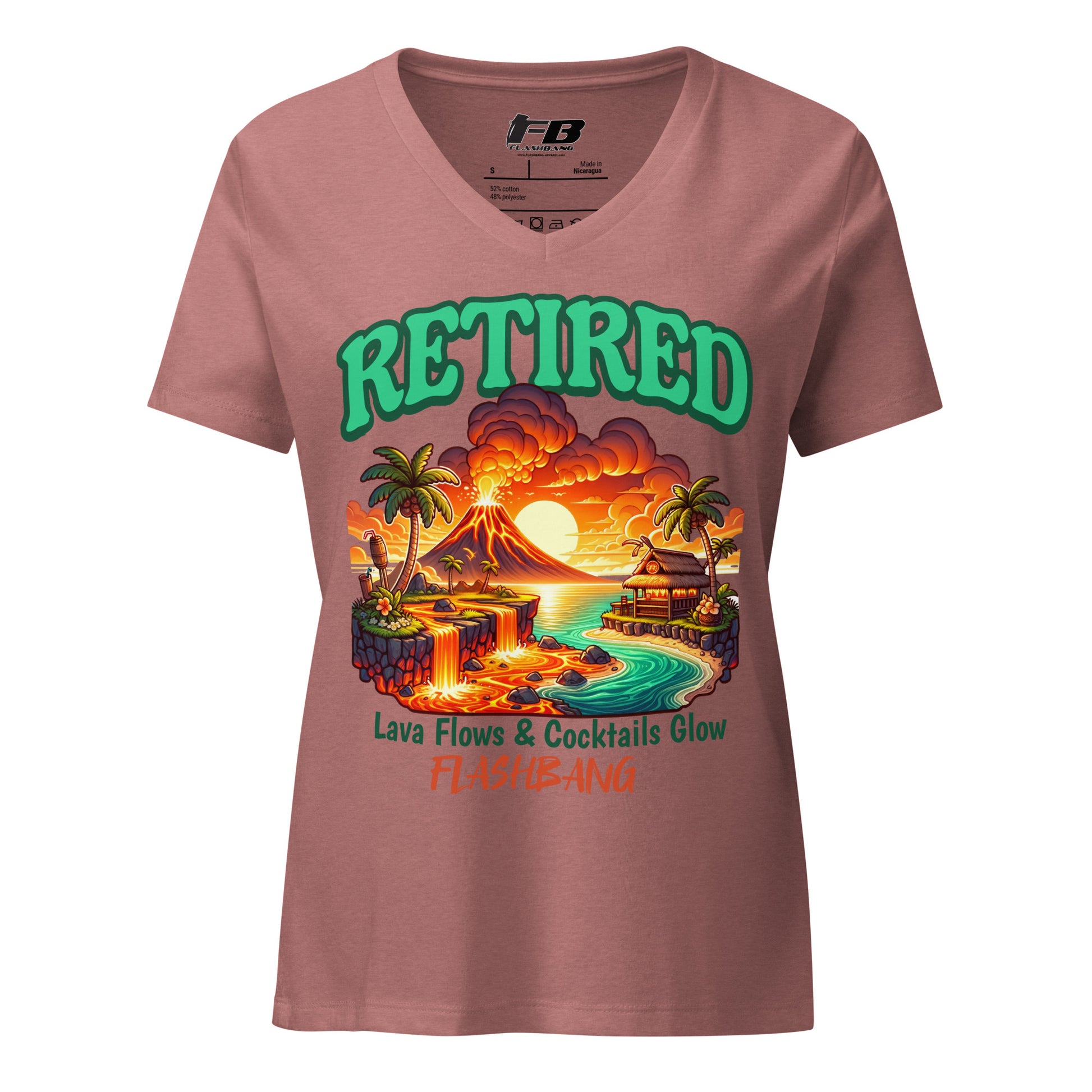 Pink t-shirt with a 'Retired' graphic design featuring a volcano and beach scene on a white background.
