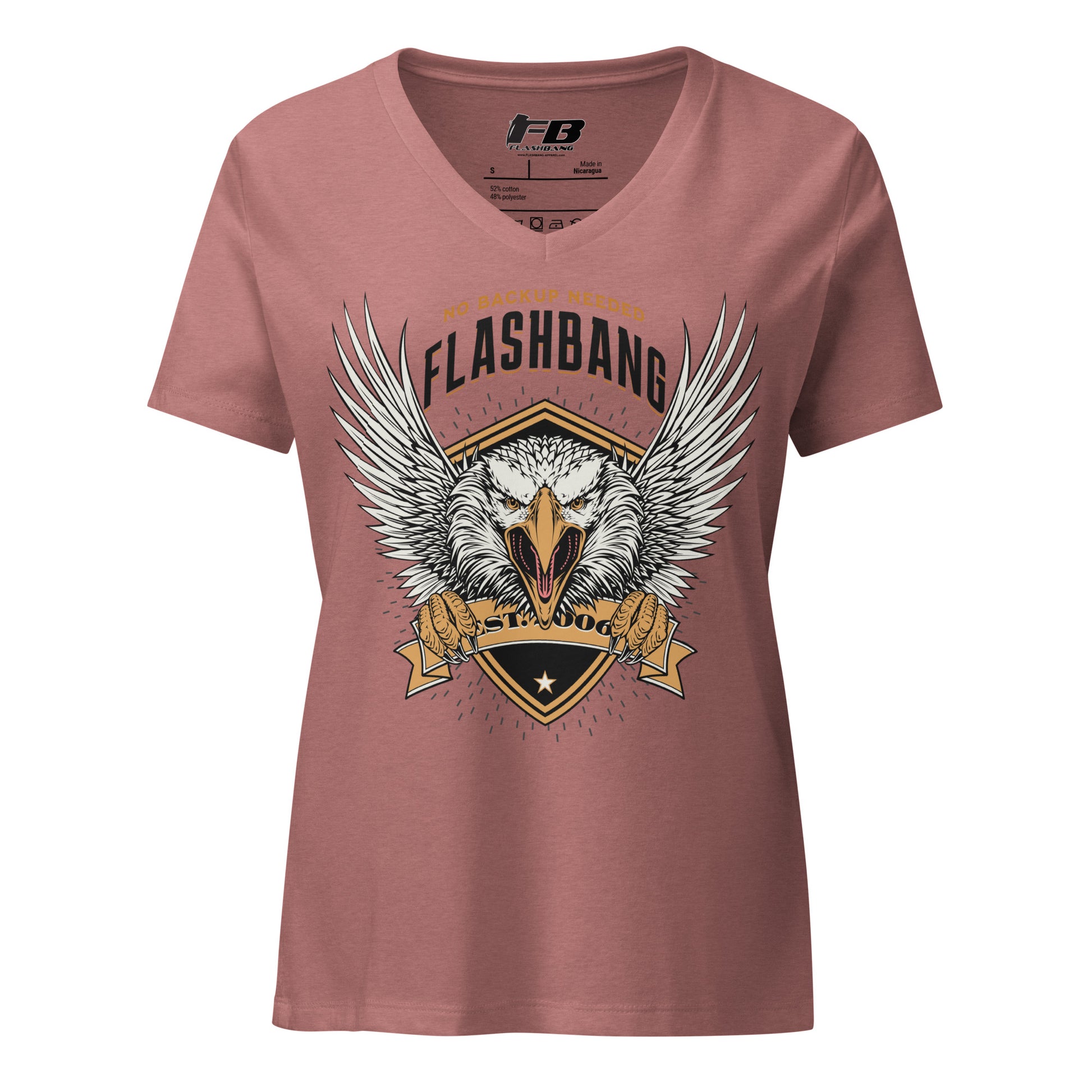 Pink t-shirt with 'Flashbang' graphic design featuring an eagle on a white background