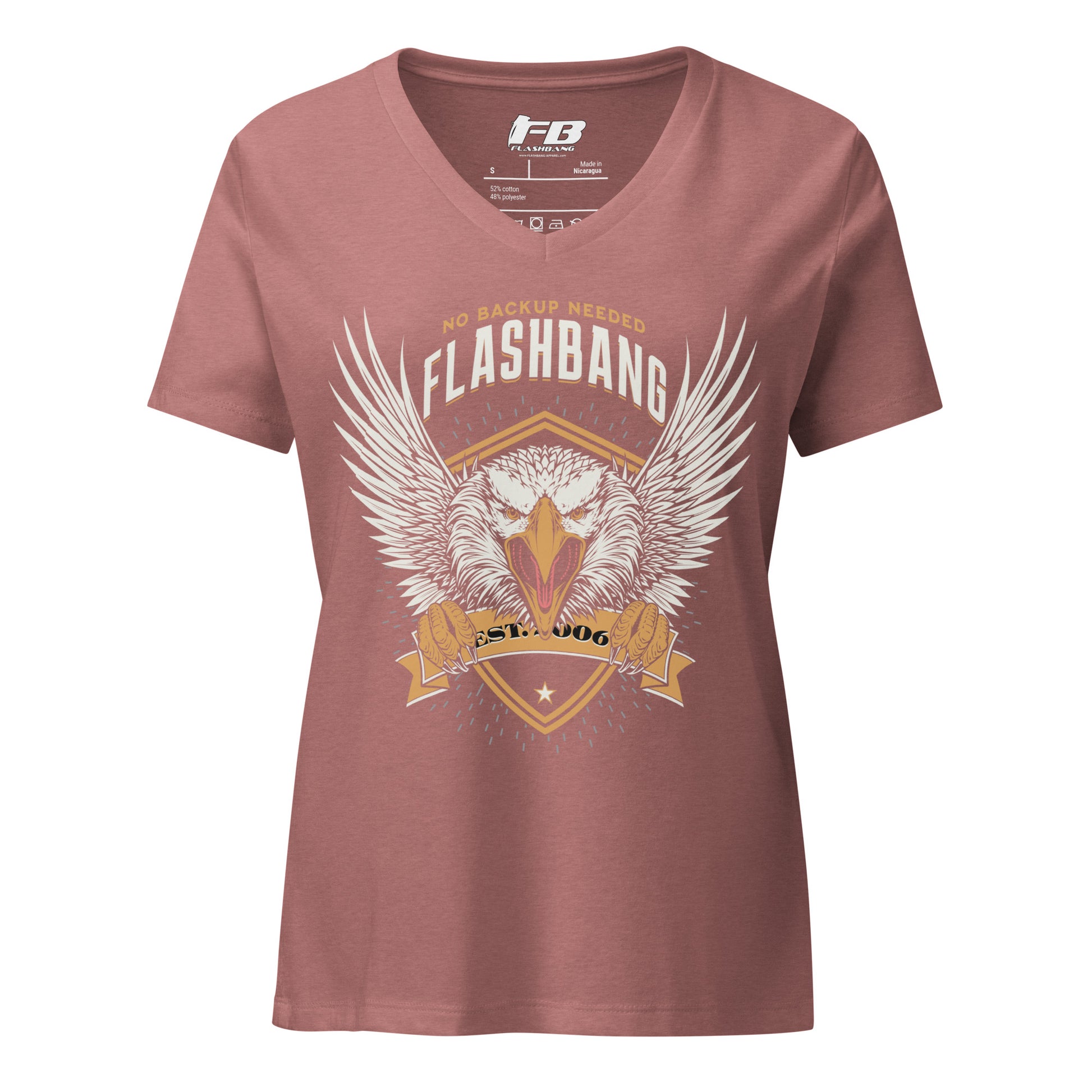 Maroon t-shirt with 'Flashbang' graphic design on a white background