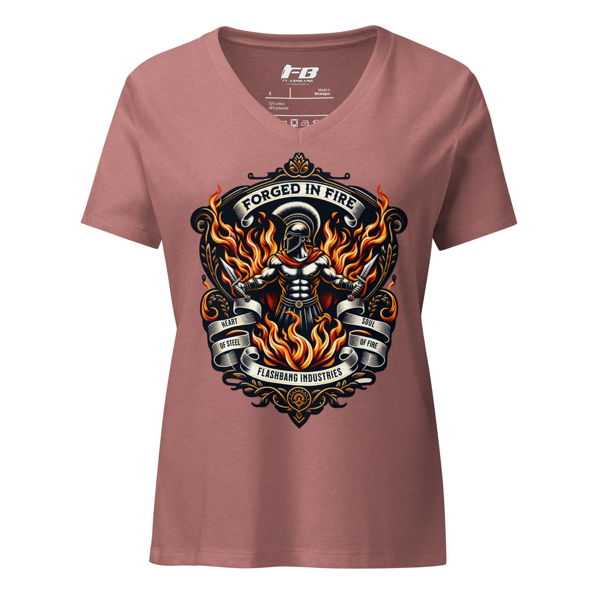 Maroon t-shirt with a graphic design featuring flames and text on a white background
