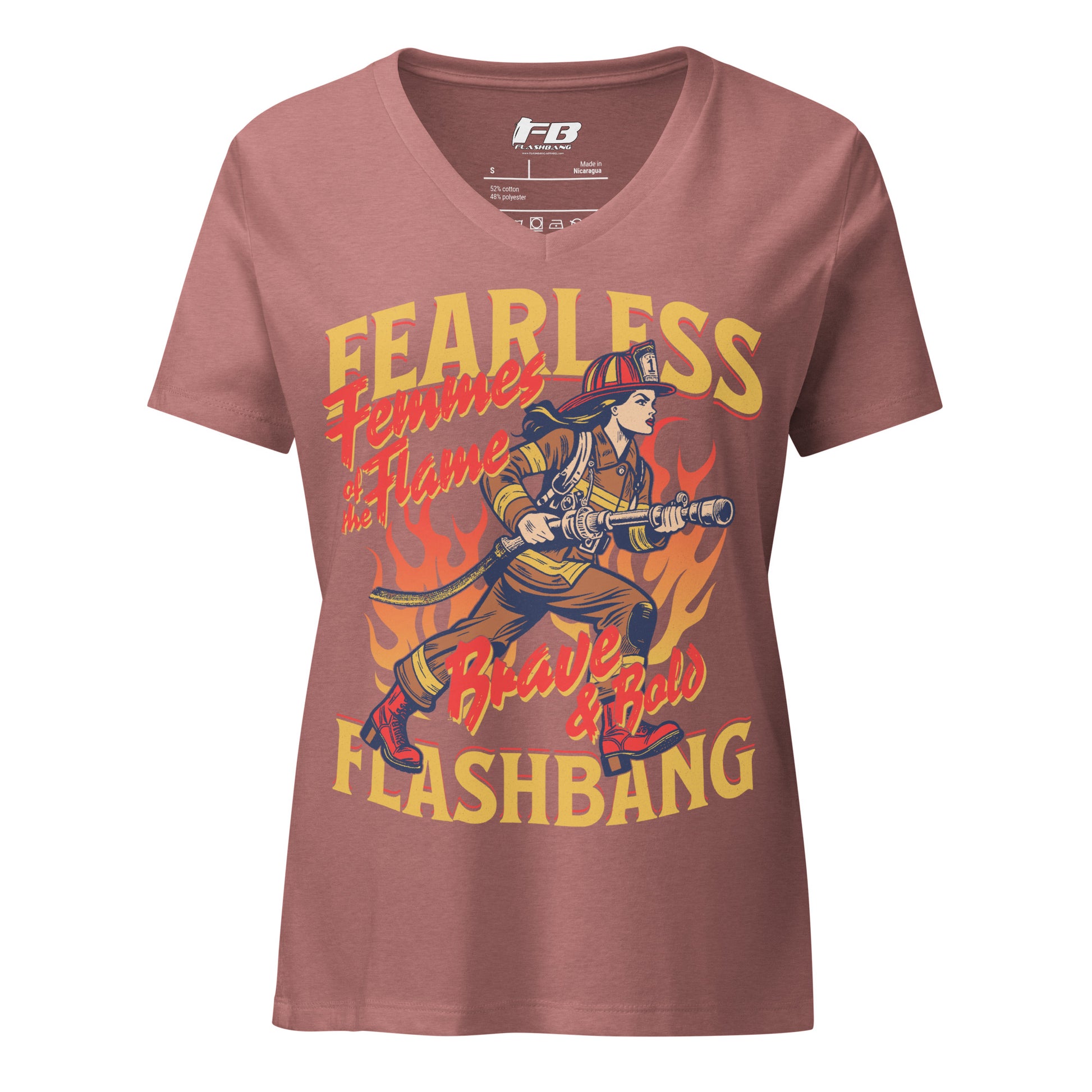 Maroon t-shirt with firefighter graphic and text on a white background