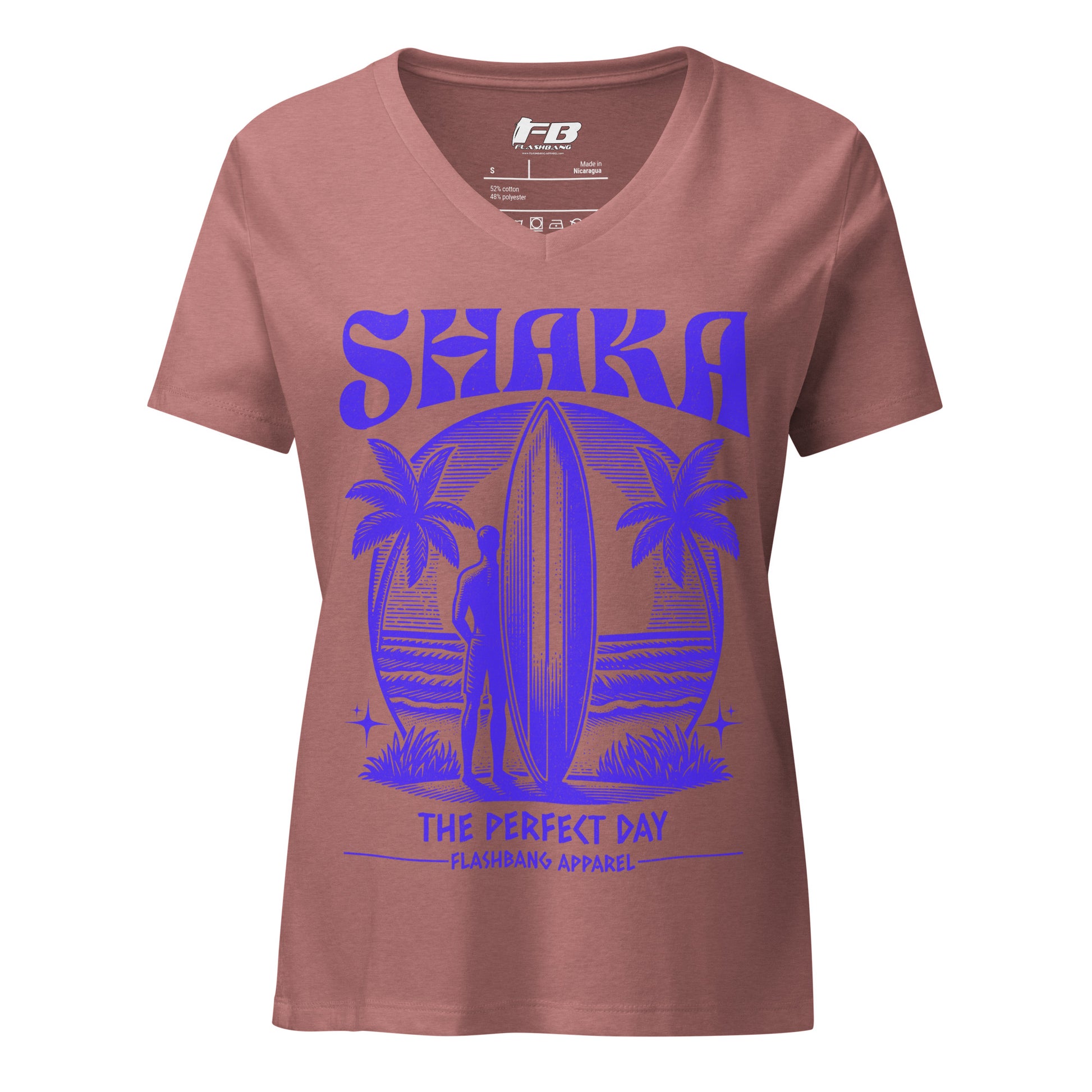 Brown t-shirt with purple 'SHAKA' graphic design on a white background