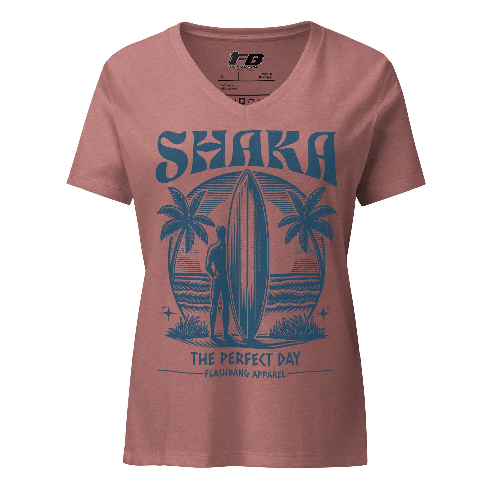 Pink t-shirt with blue graphic design featuring a surfer and palm trees on a white background.