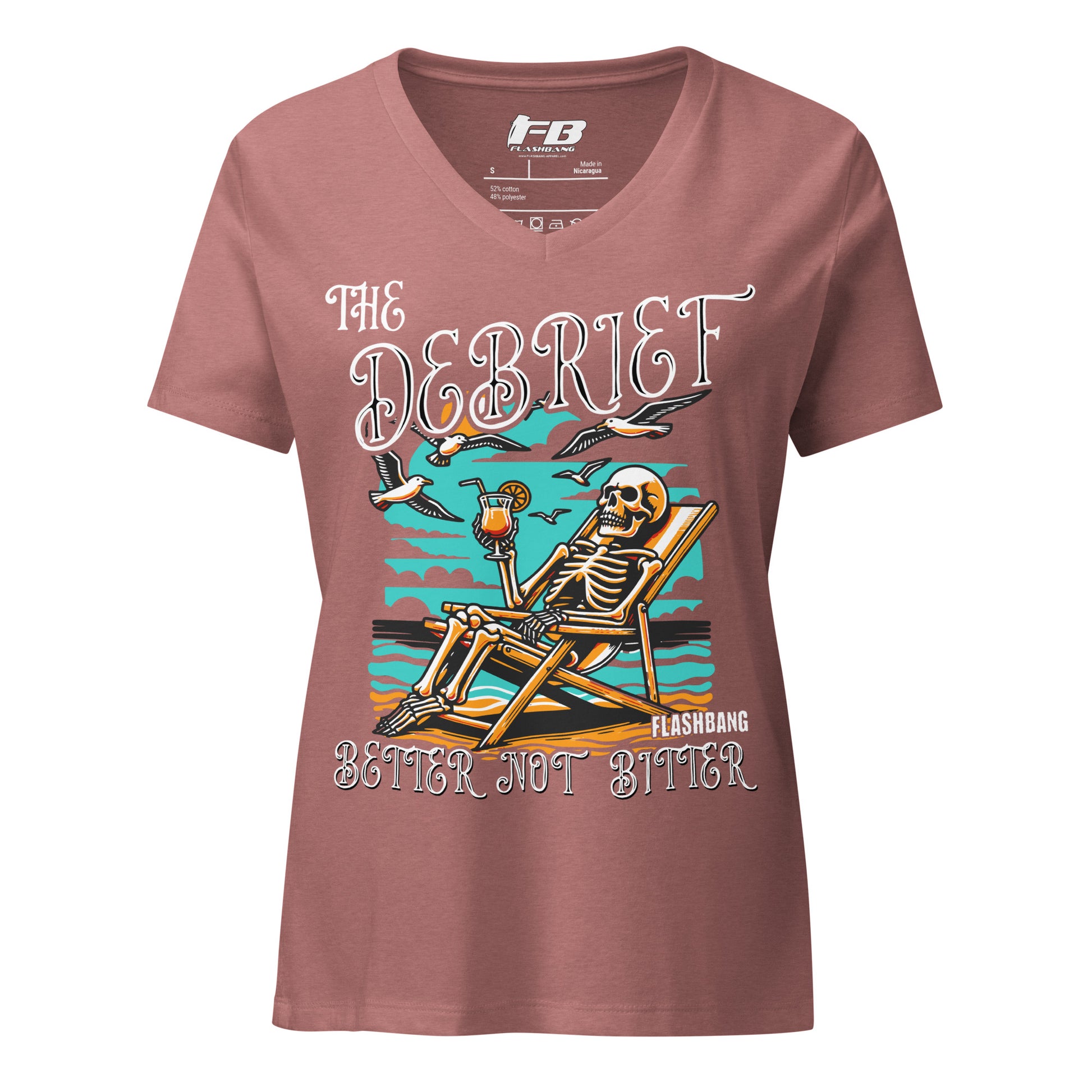 Maroon t-shirt with skeleton design and text on a white background