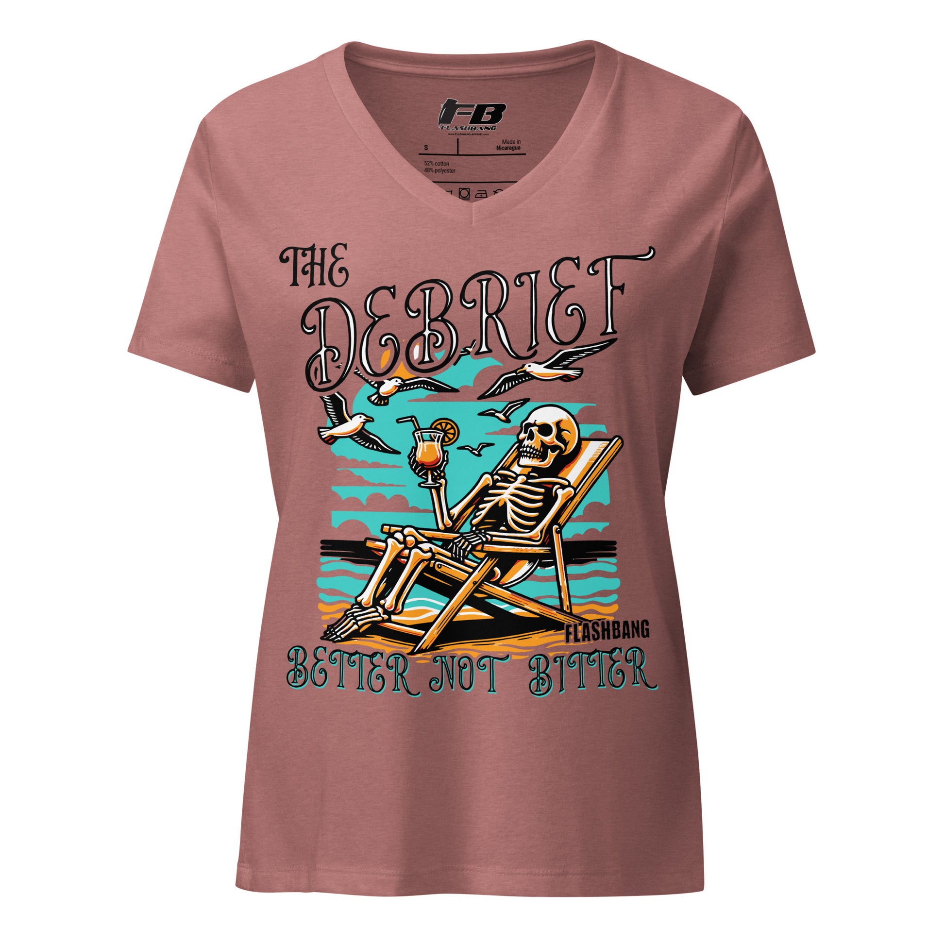 Pink t-shirt with skeleton design and text on a white background
