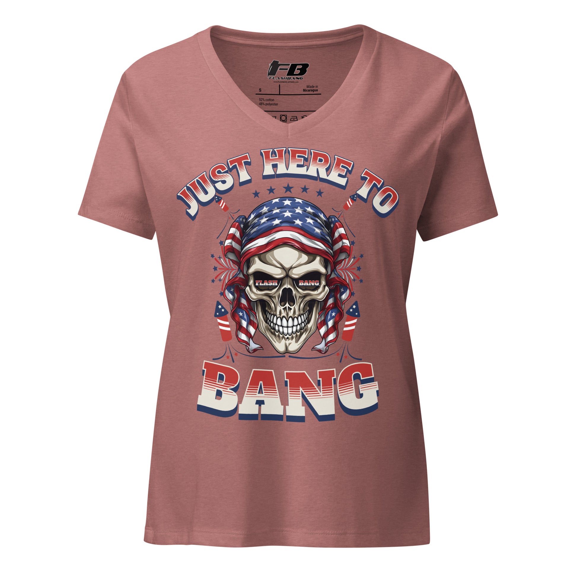 Pink t-shirt with a skull graphic and 'Just Here to Bang' text on a white background