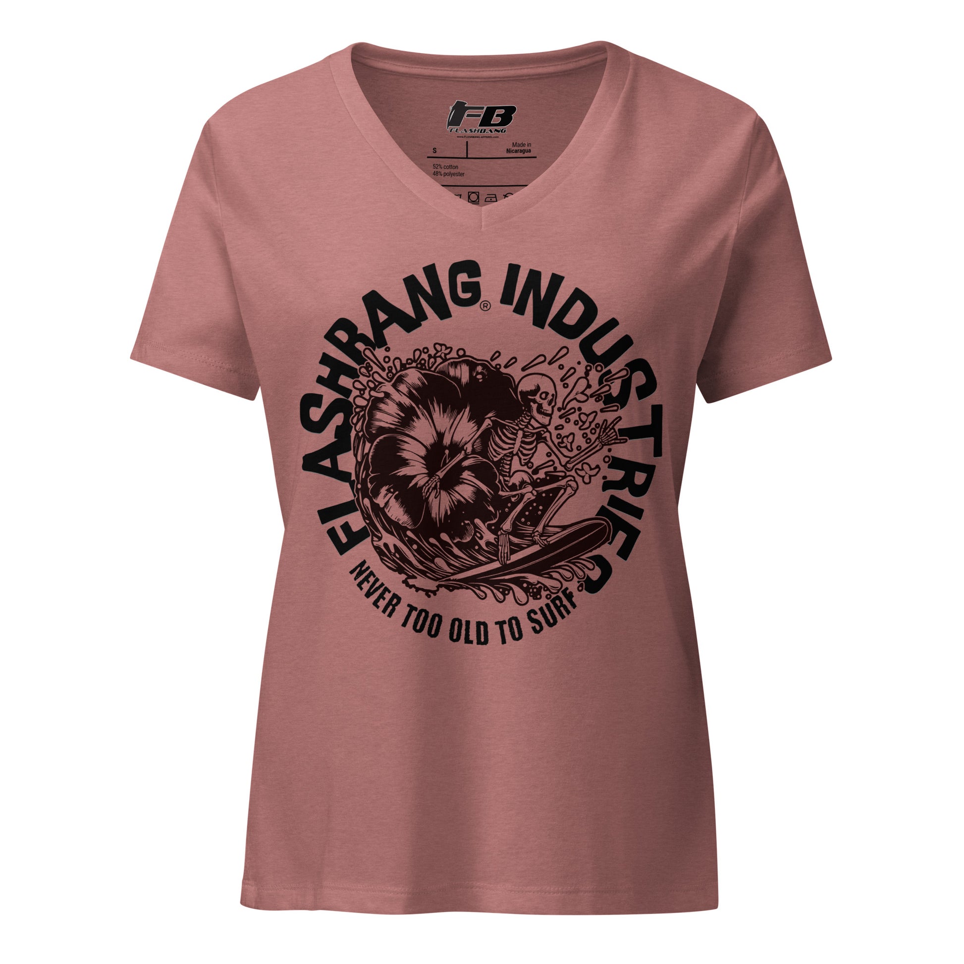 Pink t-shirt with black graphic and text on a white background