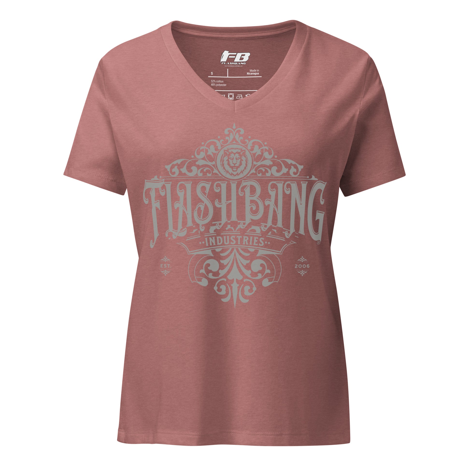 Red t-shirt with 'Flashbang Industries' graphic on a white background