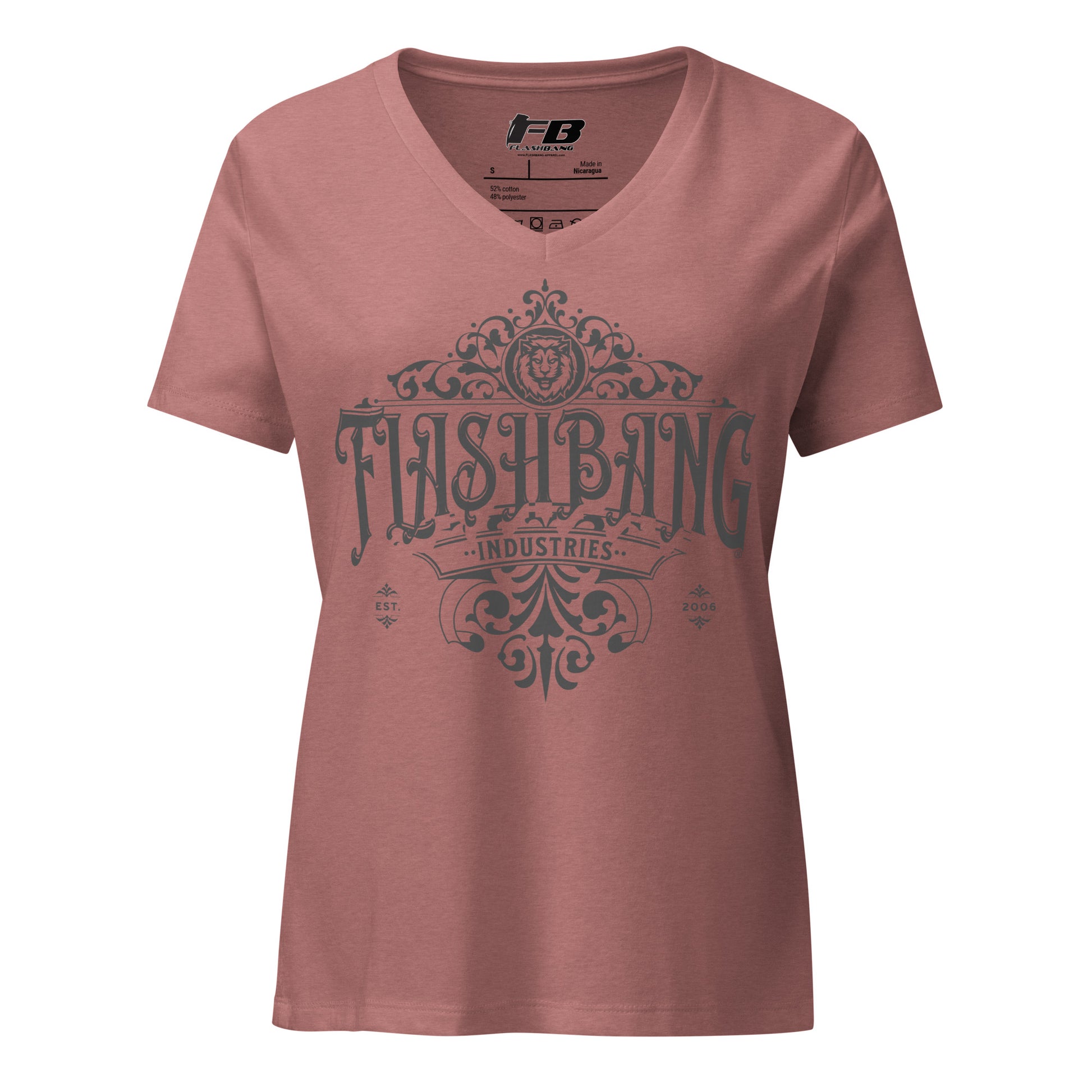 Pink t-shirt with 'Flashbang Industries' graphic design on a white background