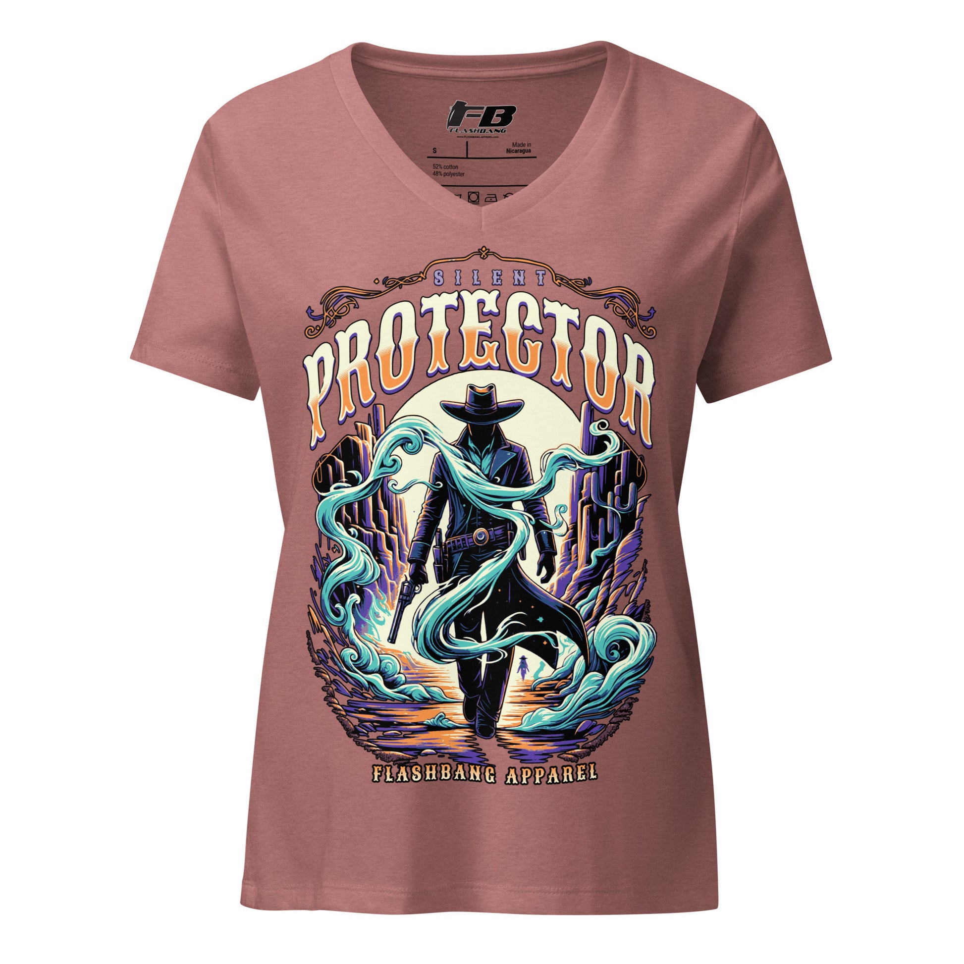 Pink t-shirt with a graphic design of a cowboy and text 'Silent Protector' on a white background.