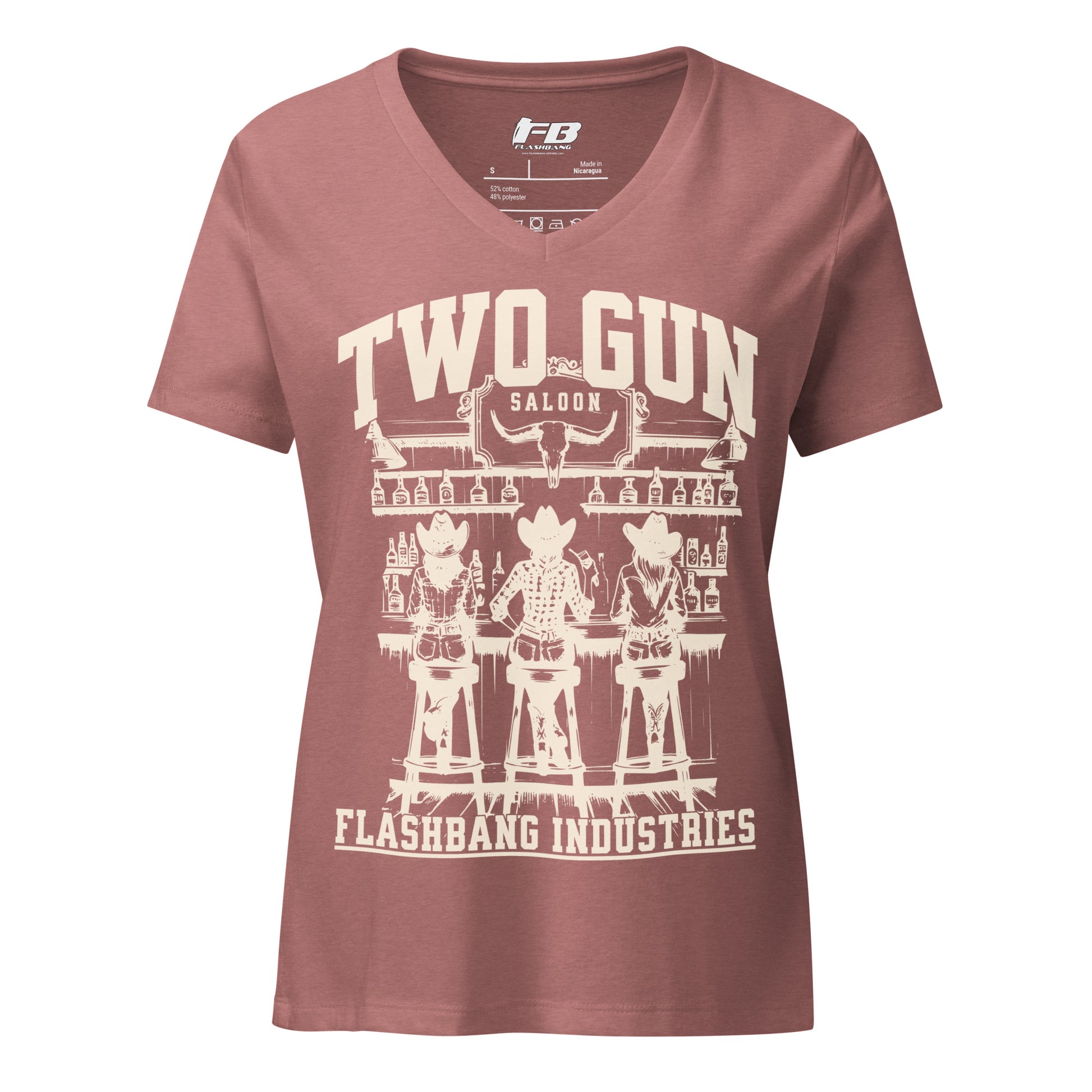 Maroon t-shirt with 'Two Gun Saloon' graphic design on a white background