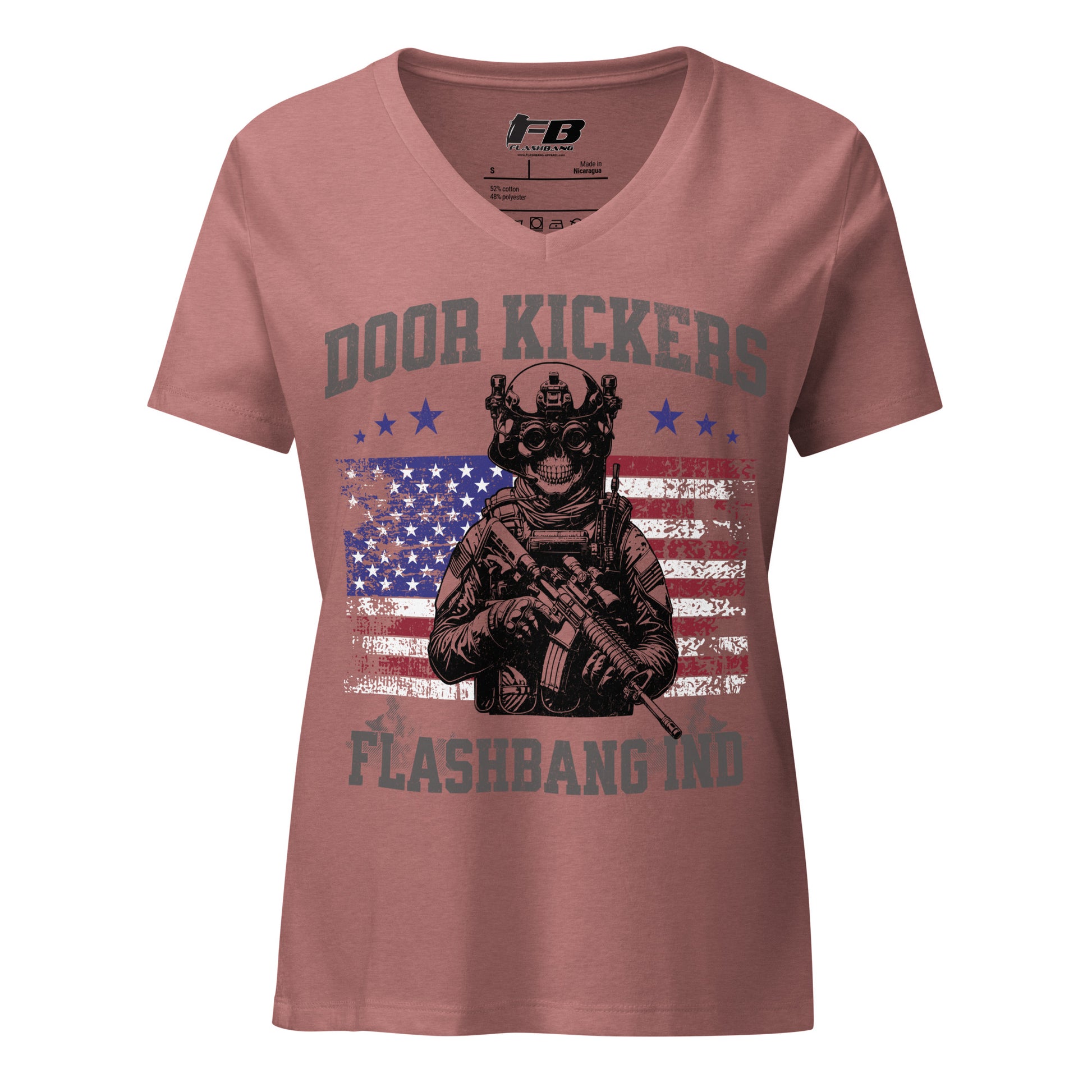 Pink t-shirt with graphic design and text on a white background