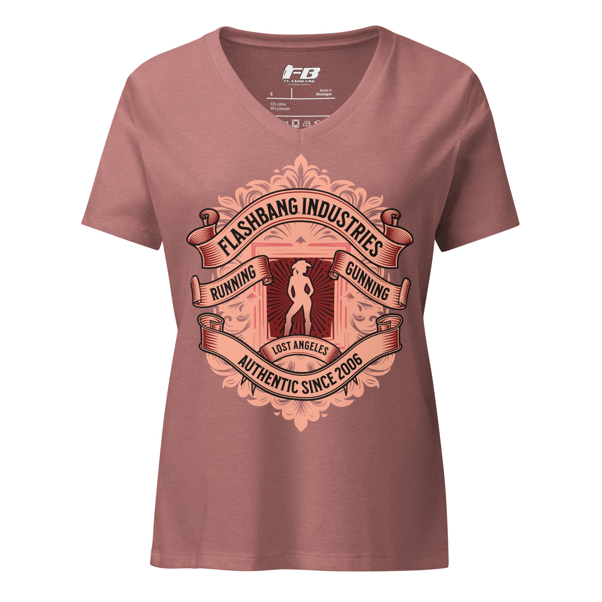 Maroon t-shirt with graphic design and text on a white background