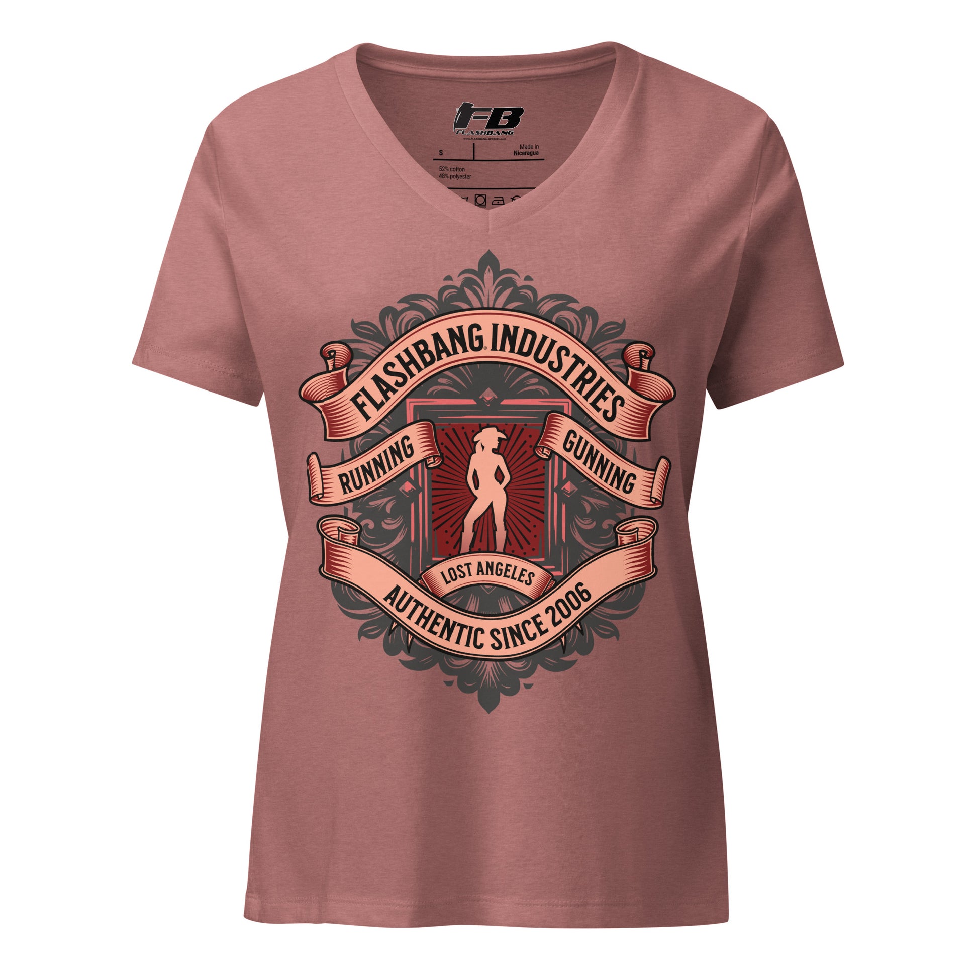 Pink t-shirt with graphic design and text on a white background